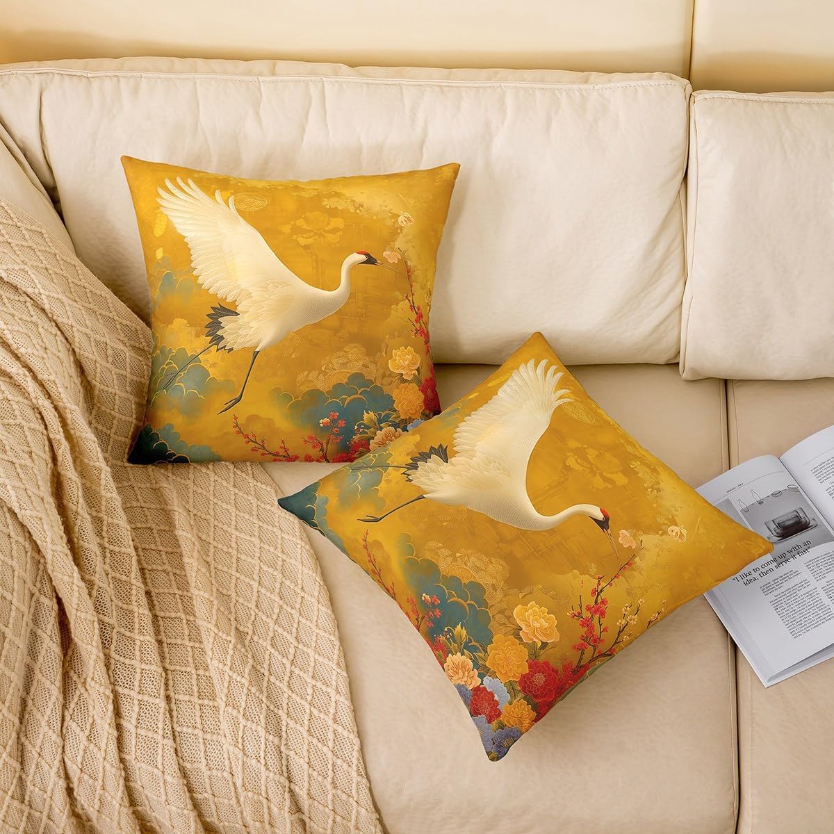 Erosebridal Set of 2 Crane Floral Decorative Pillowcases 24x24 Inch Bird Throw Pillow Covers for Girls Women Peony Japanese Ukiyo-E Yellow Red Retro Cushion Cases Soft Cushion Covers