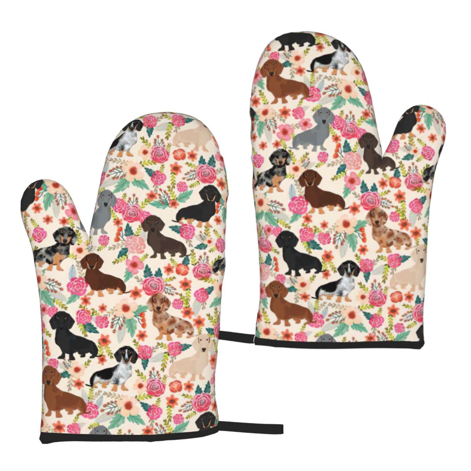 Nimongt Women's Black Dachshund Print Adults Universal Fit Heat Resistant Oven Gloves Reusable Cooking Outdoor Grilling
