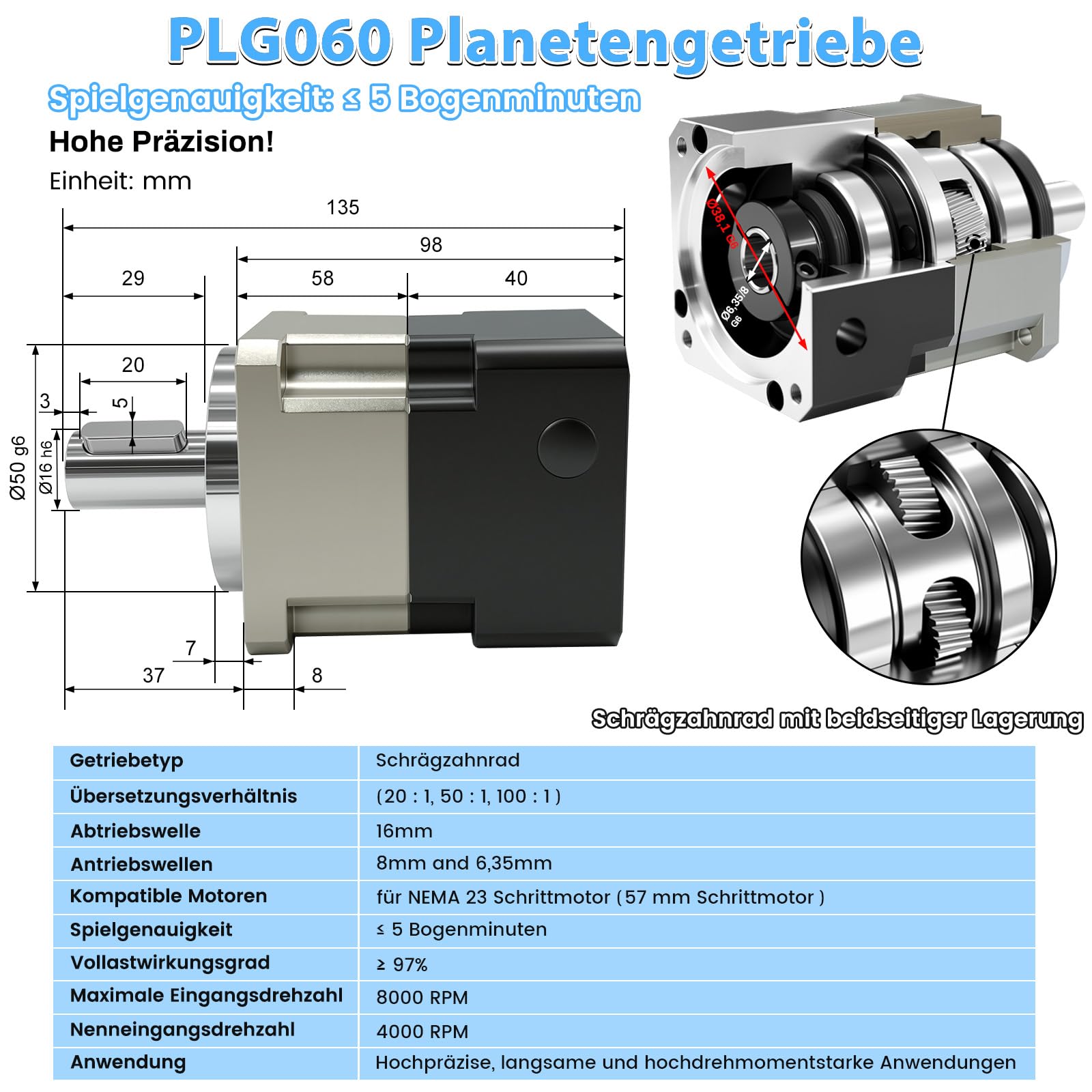 Nema 23 Engrenage planétaire 100:1 30 Nm 5 arcmin