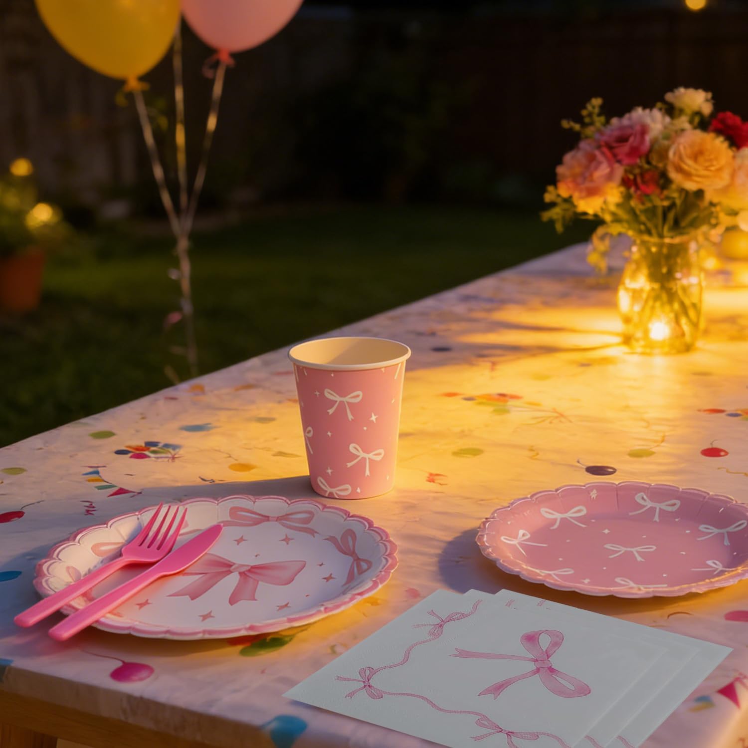 Pink Bow Birthday Party Supplies Serve 24, Coquette Birthday Decorations Include Bow Plates Napkins Cups Tablecloth straw Bow Theme Tableware for Girls Bachelorette Decor