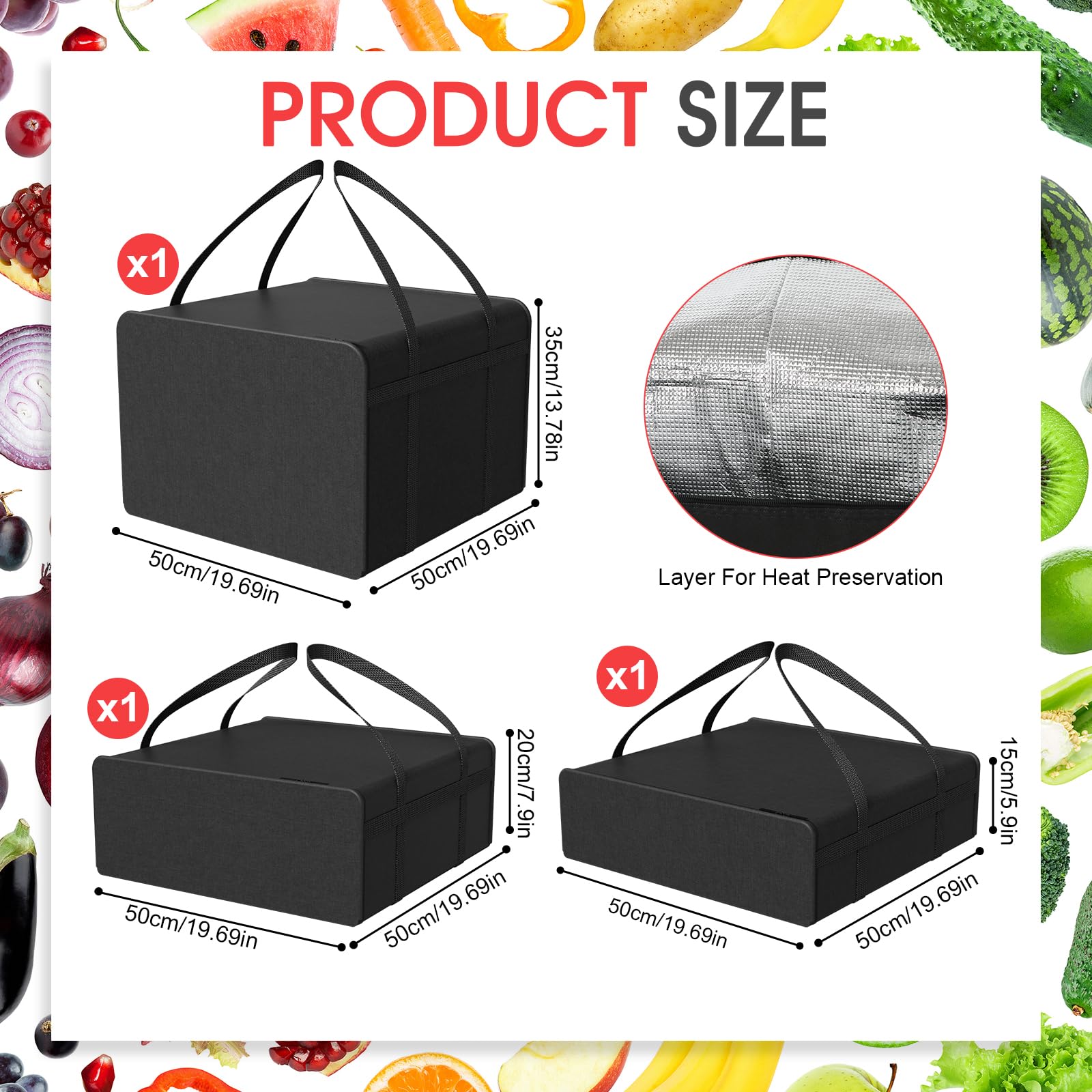 3 Stück Isolierte Pizza Liefertasche Groß, 50x50x35/20/15cm, Isolierte Kühltasche, Pizza Wärmer Tasche Lebensmittel Tasche Thermo