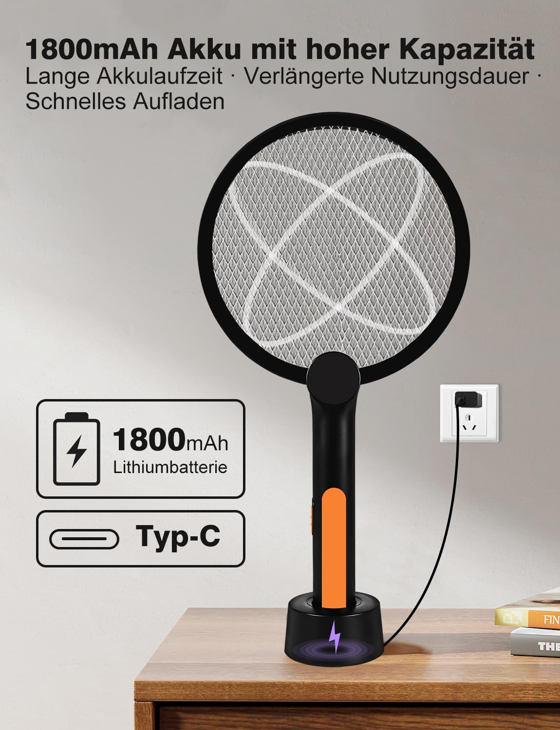 4000V Elektrische Fliegenklatsche mit Ladestation, 2 in 1 USB mit Akku Aufladbar Elektro Mückenklatsche mit Lichtfalle Moskito Schwarz (Schwarz 1 STK)