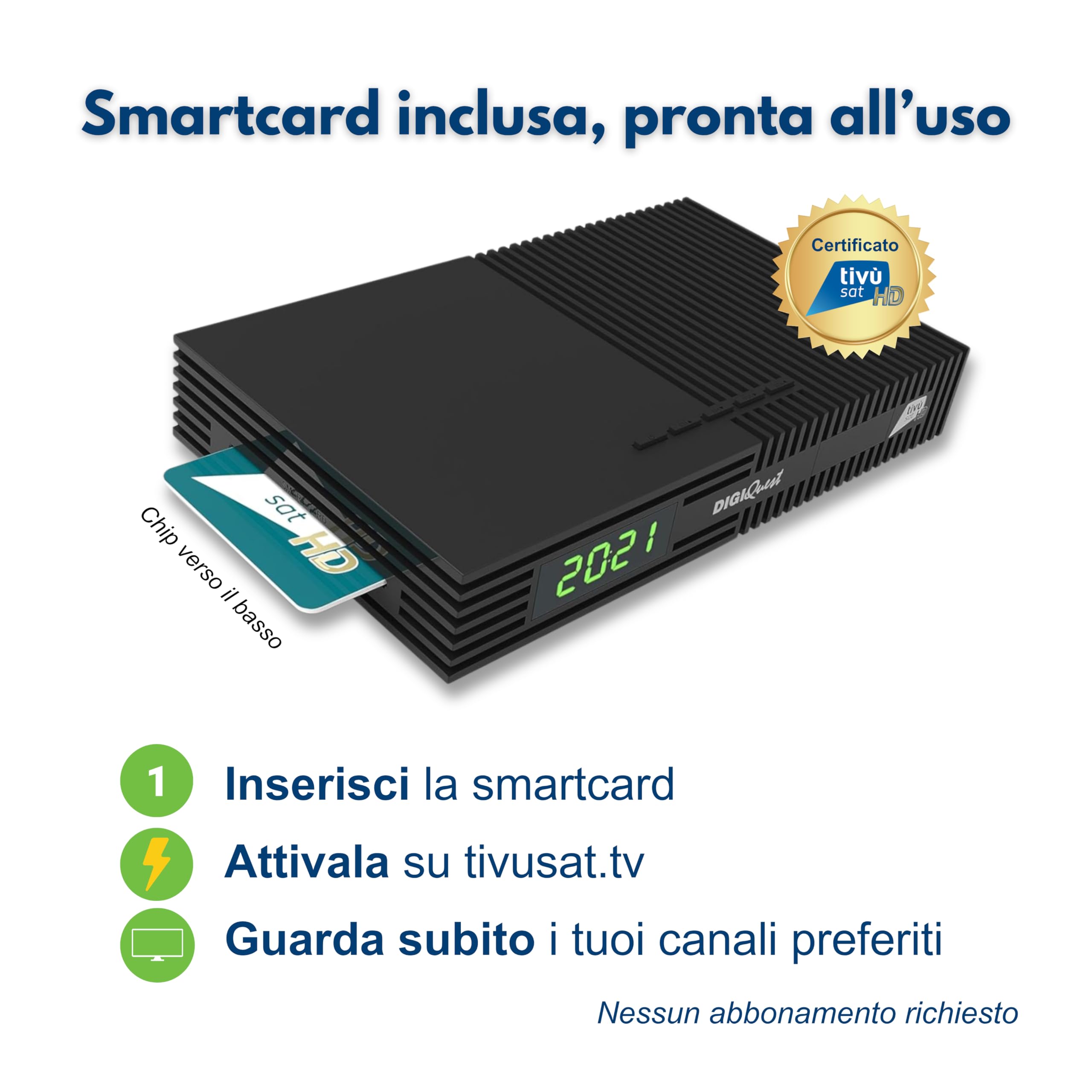 DIGIQUEST Decoder Tivùsat Ti9 con Smartcard Inclusa | Collega e guarda subito | Facile da installare | Telecomando 2in1 | Funzione di registrazione attivabile | DVB-S2 | HDR10/ HLG | Merlin