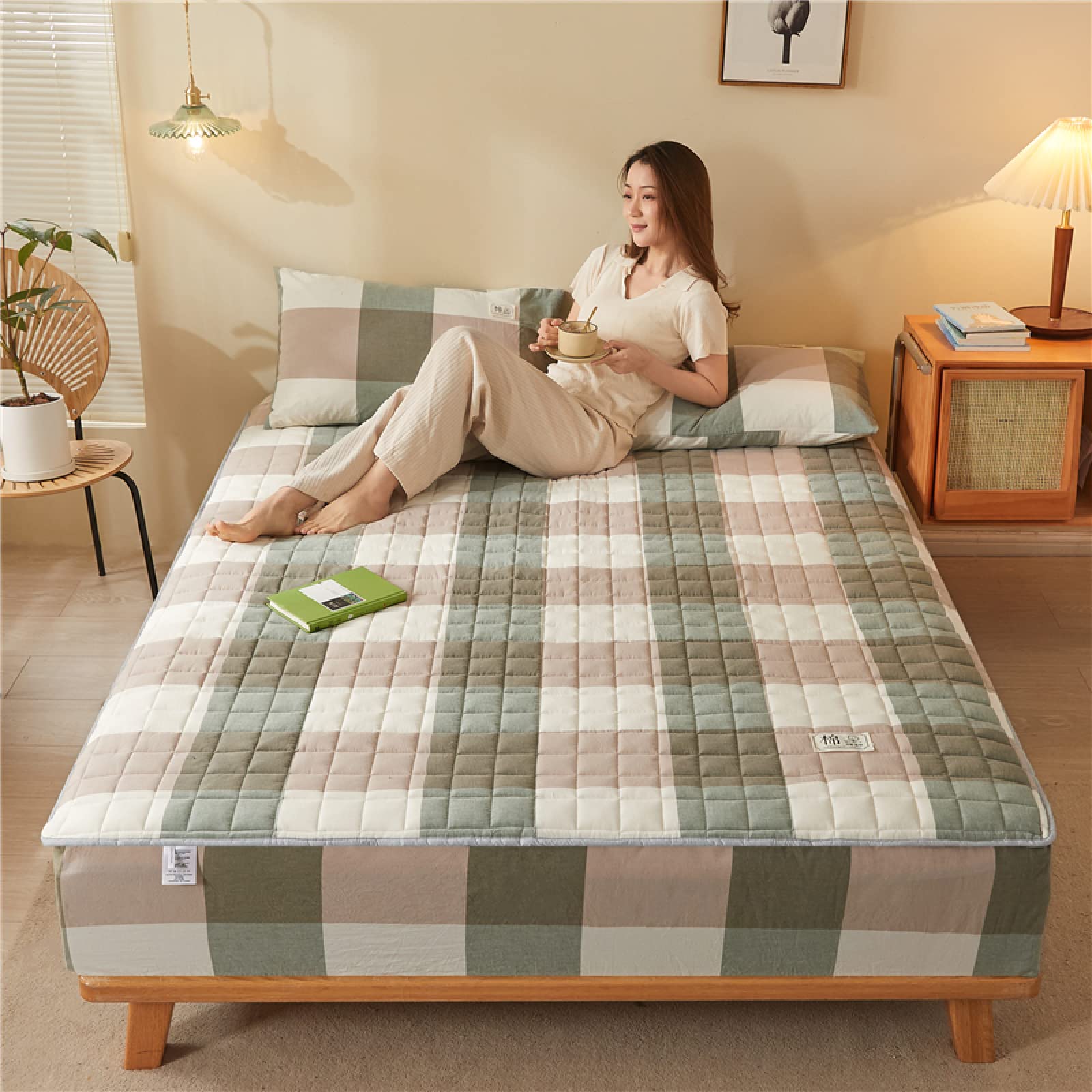 Spannbettlaken Elastisch Weich Und Bequem180 x 200 cm 3 Stück, Baumwolle dick kariert weich gesteppt, Spannbettlaken und Kissenbezug, Tagesdecke für Wohnung, Gastfamilie, rosa Streifen