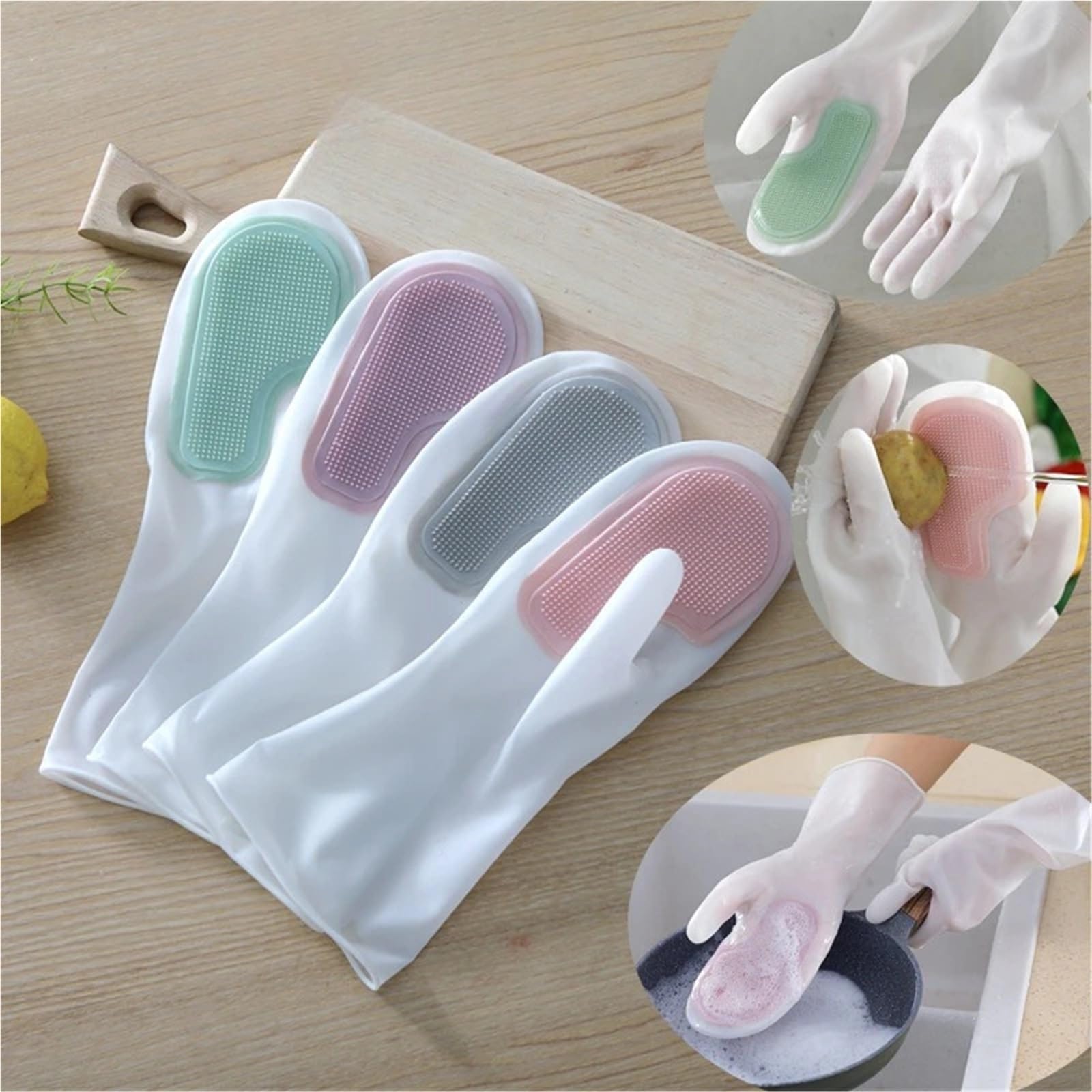 Guantes Limpieza Guantes de limpieza con cepillo multifuncional for cocina doméstica, plástico, resistentes al agua, for lavavajillas
