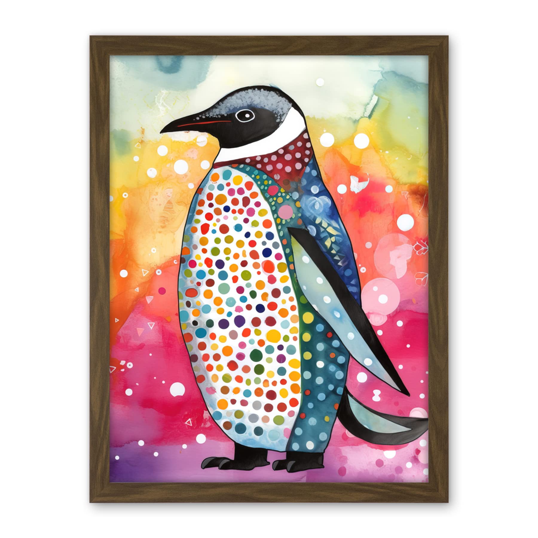 Artery8 Cute Multicoloured Spot Penguin Folk Art Artwork Framed Wall Art Print 18X24 Inch