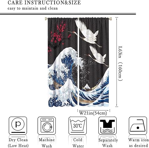 Miniatura 2 de Cortinas opacas con diseño de grúa, flores de ciruelo rojo, olas de mar, barco, grúa voladora, ola japonesa, impresión artística negra para
