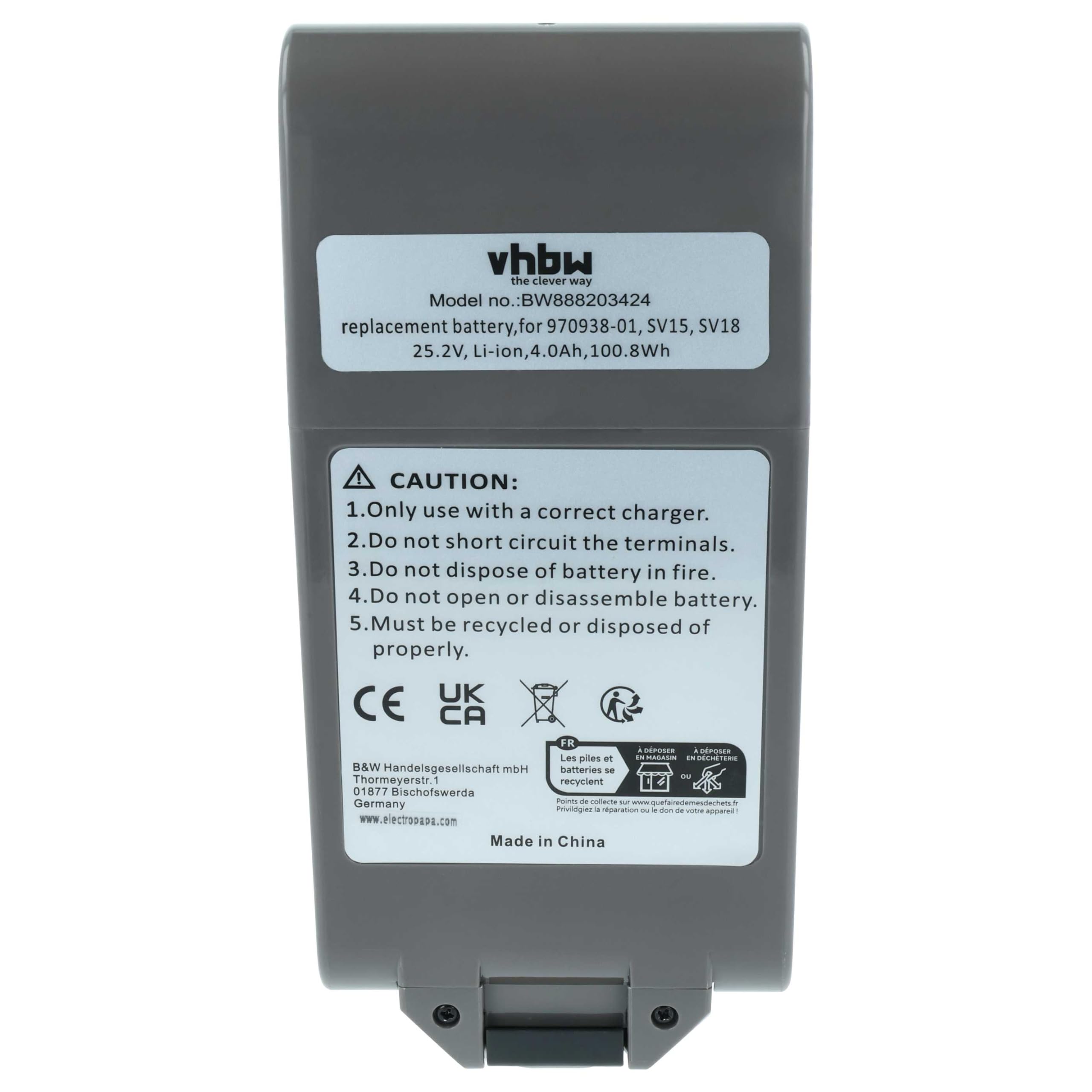 vhbw Batería Compatible con Dyson V15 Detect Total Clean SV22, V15s Submarine Robot Limpieza Gris Oscuro (4000 mAh, 25,2 V, Li-Ion)