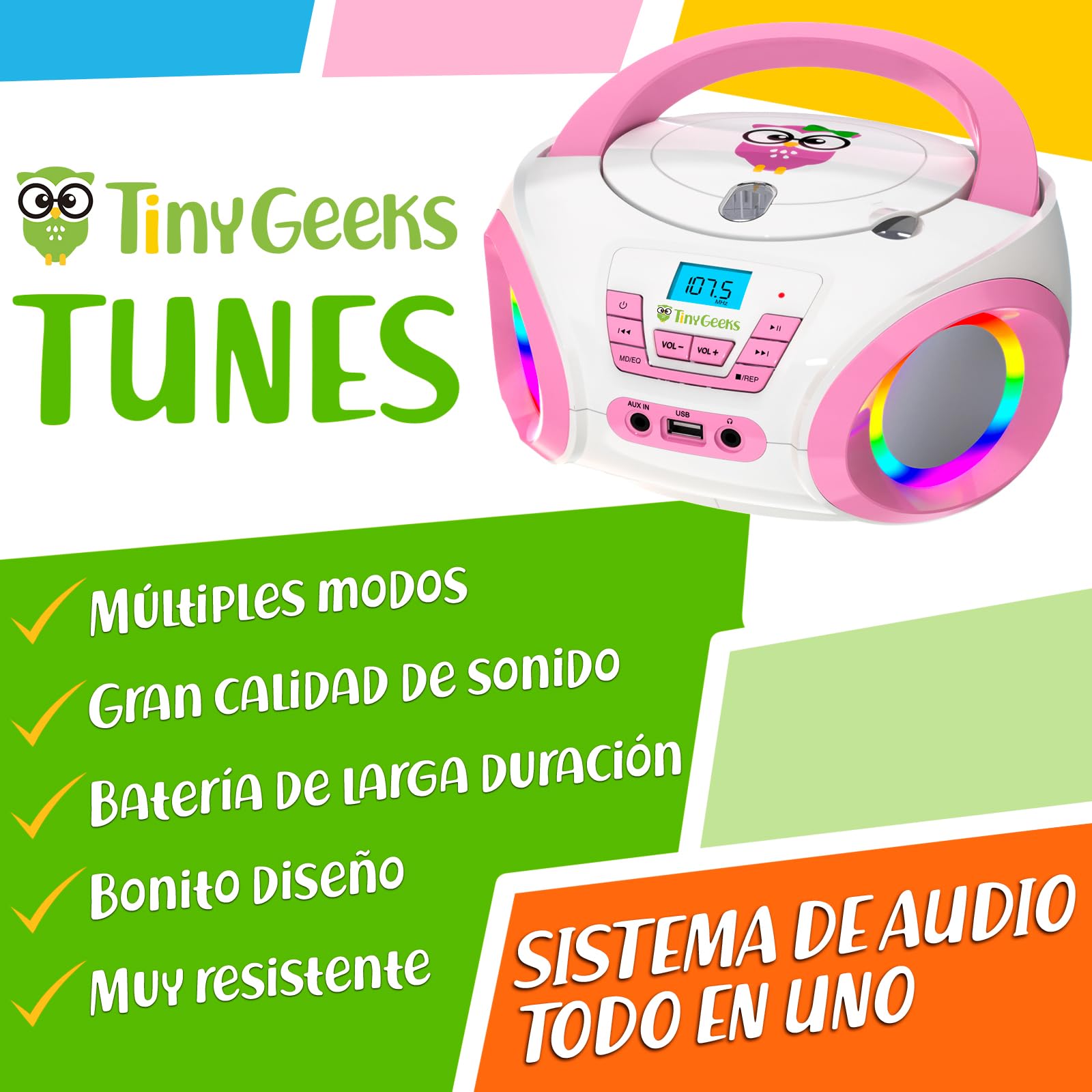 Tinygeeks Tunes Reproductor de CD para niños - Nuevo - Radio FM y baterías Incluidas - Radio CD con Altavoces, USB, AUX - El Regalo Ideal para niños y niñas - Rosa