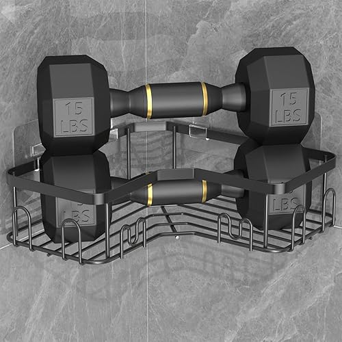 Miniatura 5 de stusgo Carrito de ducha de esquina negro con adhesivo para ducha de acero inoxidable US304 estantes de esquina libres para ducha con 4 ganchos