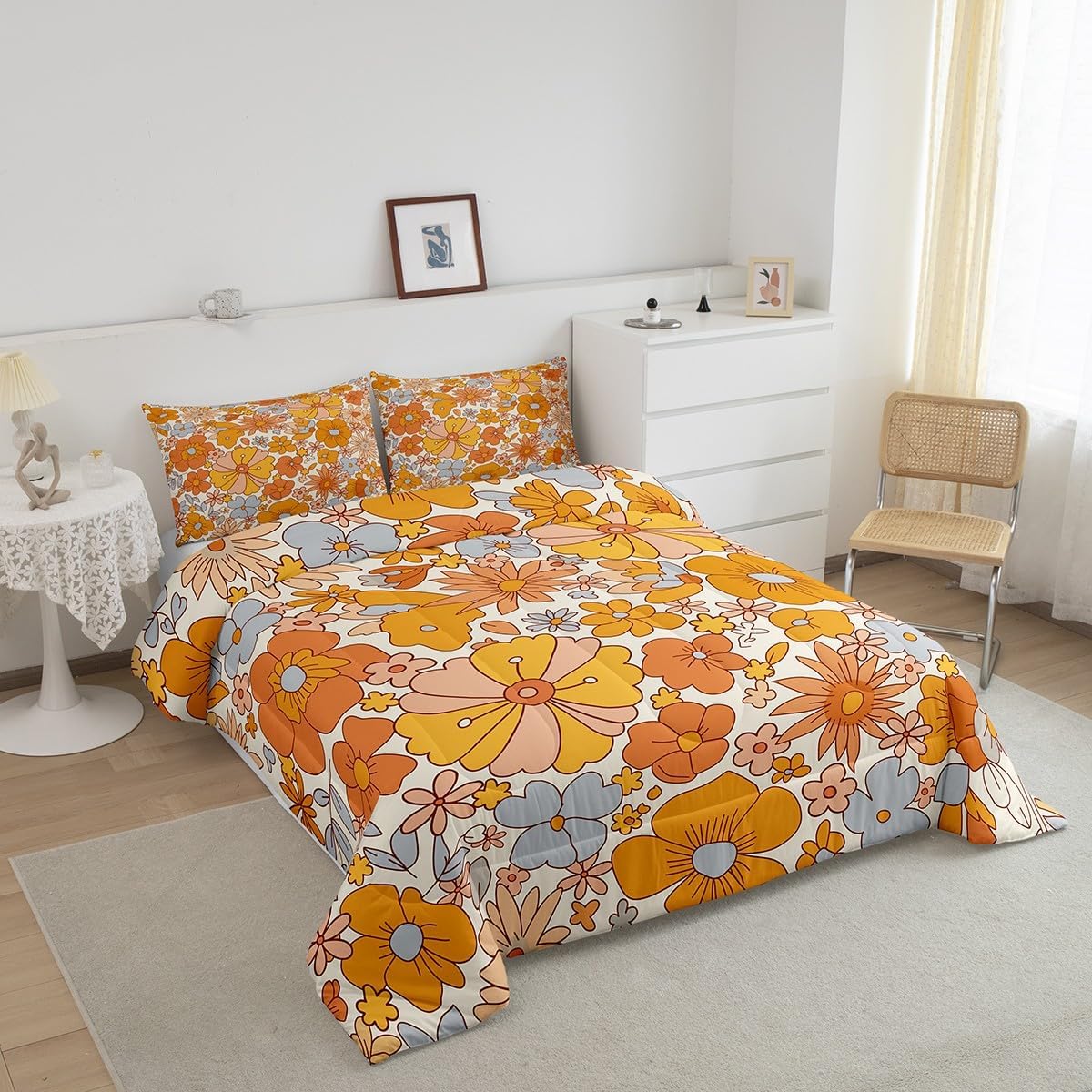 Hippie Flower Bedding Set Full Groovy Birthday Decorations Bedding Comforter Sets Cute Rainbow Floral Duvet Insert for Girls Women Bedroom Decor Retro 70s Theme Quilted Comforter 2 Pillowcase image 2