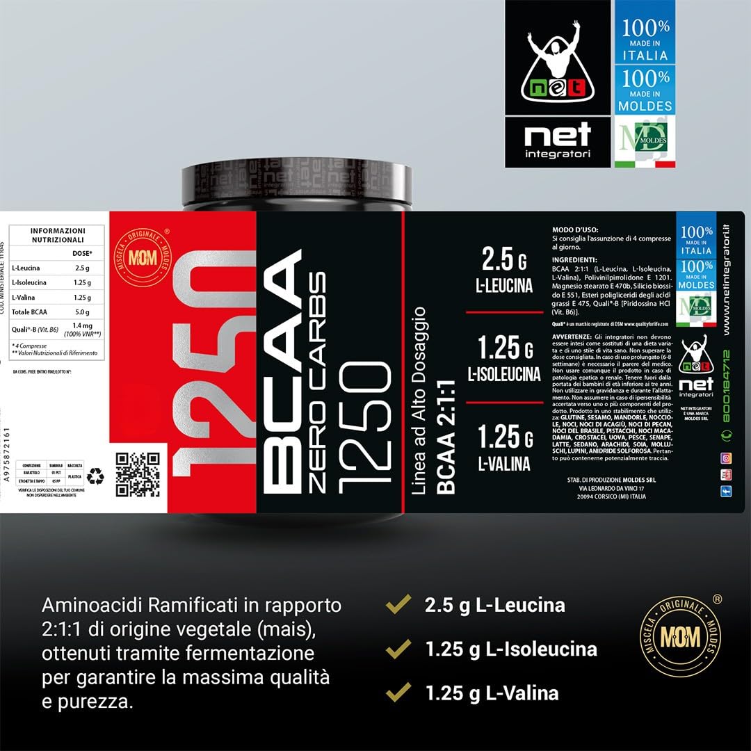 Net Integratori BCAA Zero Carbs 1250 – Aminoacidi Ramificati in rapporto 2:1:1 con Vitamina B6 per il Recupero Muscolare Pre Intra e Post Workout (400 compresse)