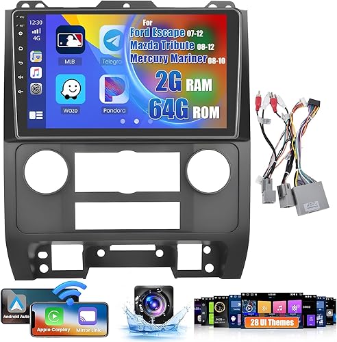 Roinvou 2G+64G Radio de coche para 07-12 Ford Escape08-10 Mercury Mariner08-12 Mazda Tribute con Carplay inalámbricoAndroid Auto, 9 pulgadas Android