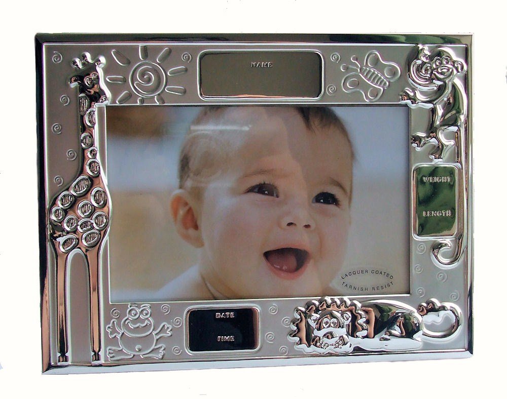 Baby Bilderrahmen, 10 x 15 cm, personalisierbar mit Namen und Geburtsdatum, Silber