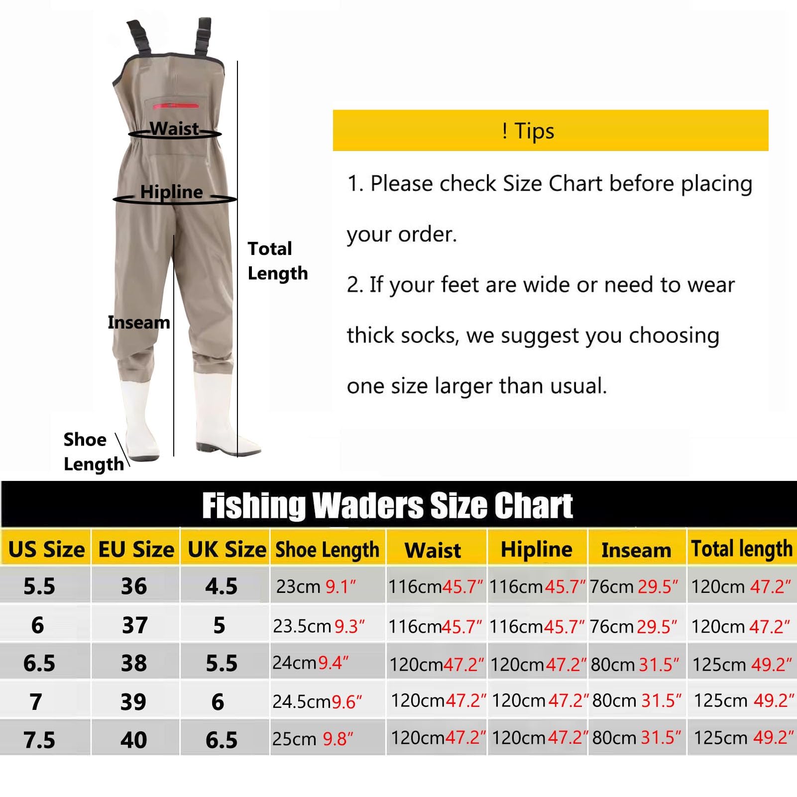 Wodery PVC do połowy uda, Wodery wędkarskie Khaki, rozmiary 4,5-6,5