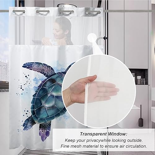 Vista 215 de Cortina de ducha de tortugas marinas, temática náutica de playa, verde y verde azulado, sin ganchos, punto gofre y forro desmontable, decoración