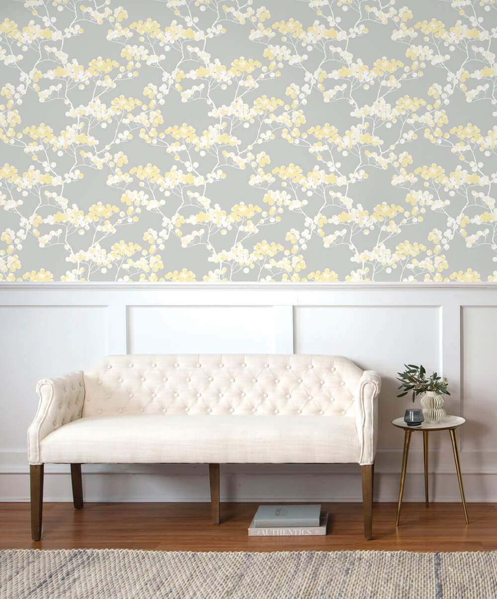 NextWall Cyprus Blossom Peel and Stick Wallpaper (Buttercup & Gray)