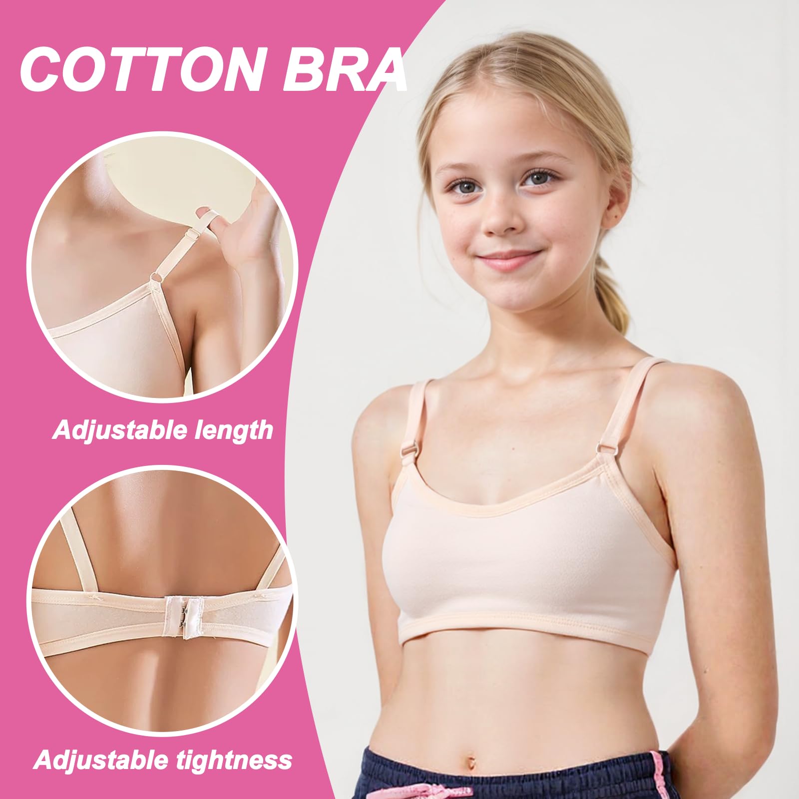 3 Pièces Soutien-Gorge d'entraînement sans Couture pour Filles, Coton Brassiere sans Armature, Réglable Haut à Bretelles et Coussinets Amovible pour Fille 10 à 14 Ans, Noir Blanc Couleur Peau