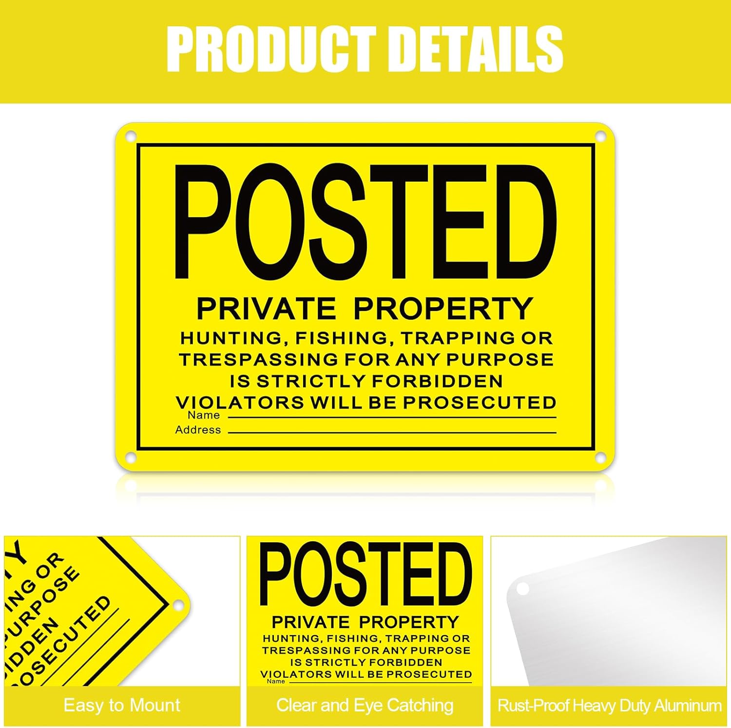 Tandefio 100 Pcs No Trespassing Sign Bulk Metal Private Property Reflective Aluminum Weatherproof Posted Sign No Hunting Fishing Trapping Warn Indoor Outdoor Yard Home Use(Yellow,10 x 7 Inch)