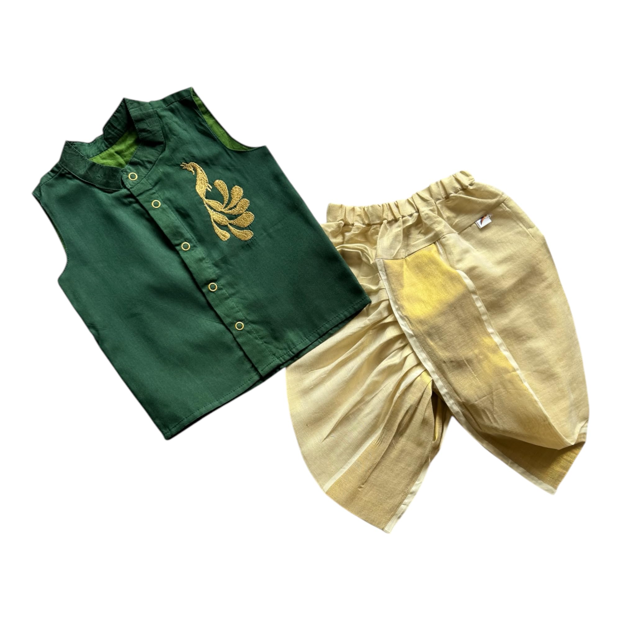 Picksparrow Baby Boy Cotton Silk-Tissue Printed Kasavu Cotton Shirt With Dhoti Pant (Peacock-Sleeveless) (Green, Newborn) - Image 3 thumbnail