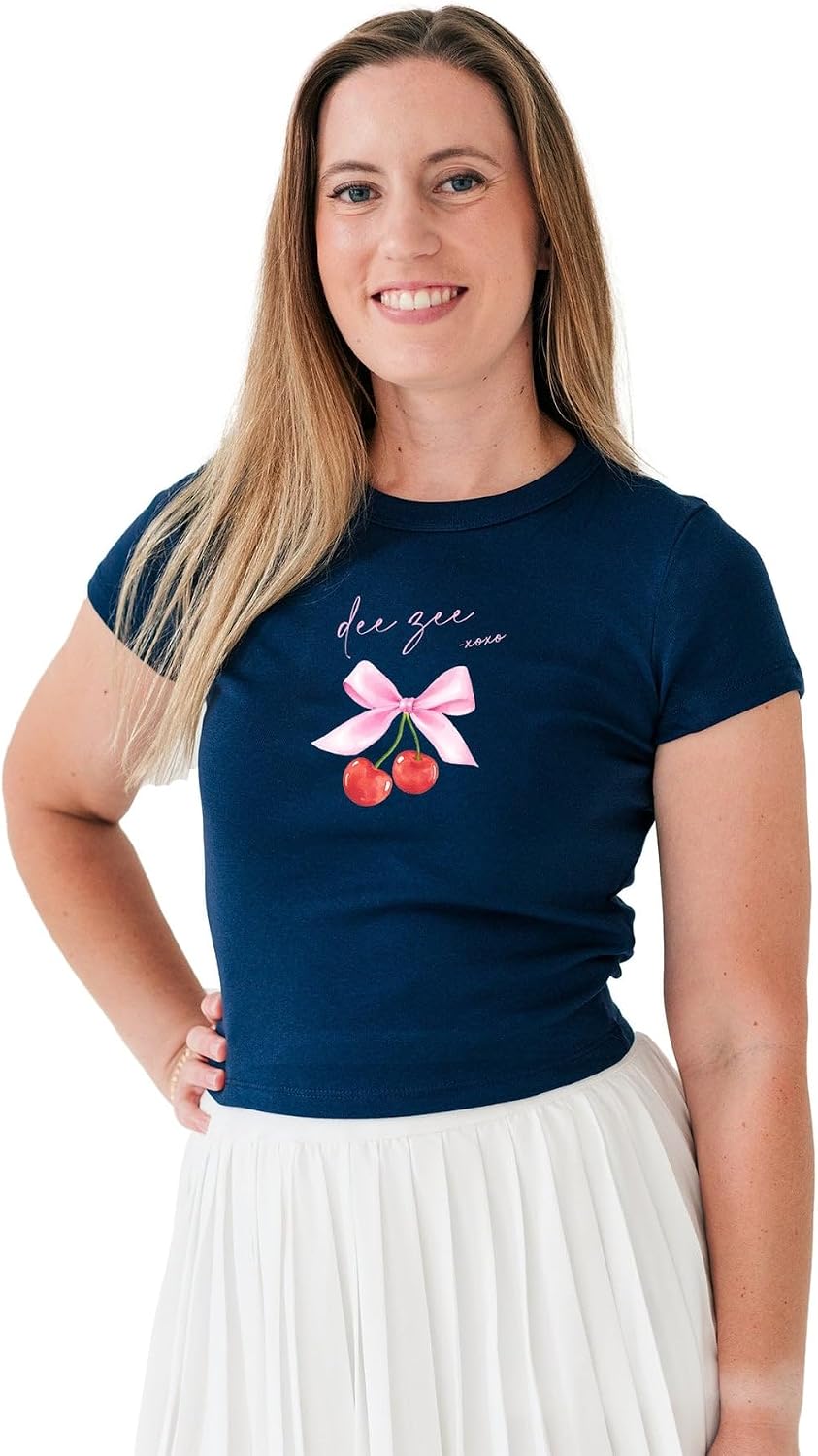 XOXO Coquette Bow Cherries Sorority Merch T-Shirt - Navy Fitted Baby Doll Tee