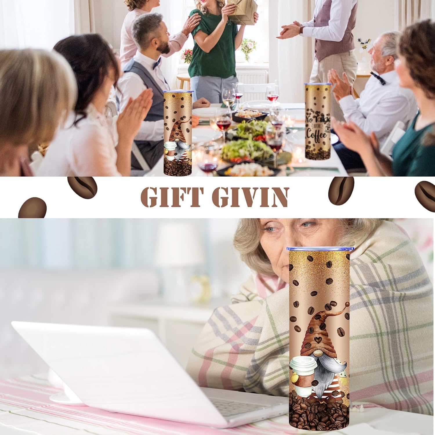 Havawish Gnome Coffee Tumbler 20oz Gnome Gifts for Women Glitter Cup Brown Tumbler with Lid and Straw Coffee Lovers Gift Insulated Travel Mugs for Christmas Birthday Holiday Gifts - Image 5