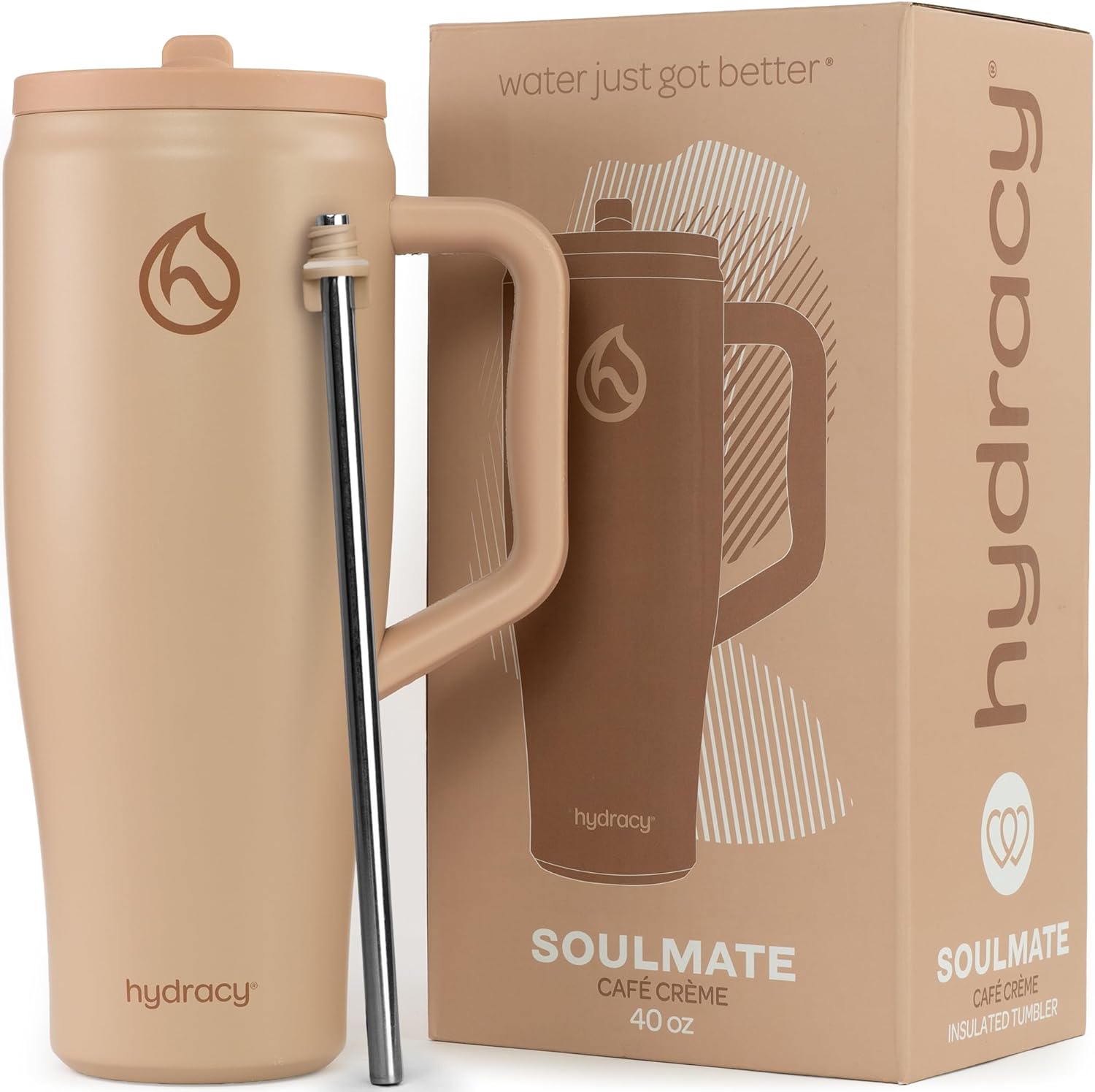 Hydracy Soulmate 40 oz Tumbler with Handle and Flip Straw - 100% Leakproof Reusable Insulated Cup with Stainless Steel Straw - Cupholder Friendly Rubber Base Travel Mug - Cafe Creme