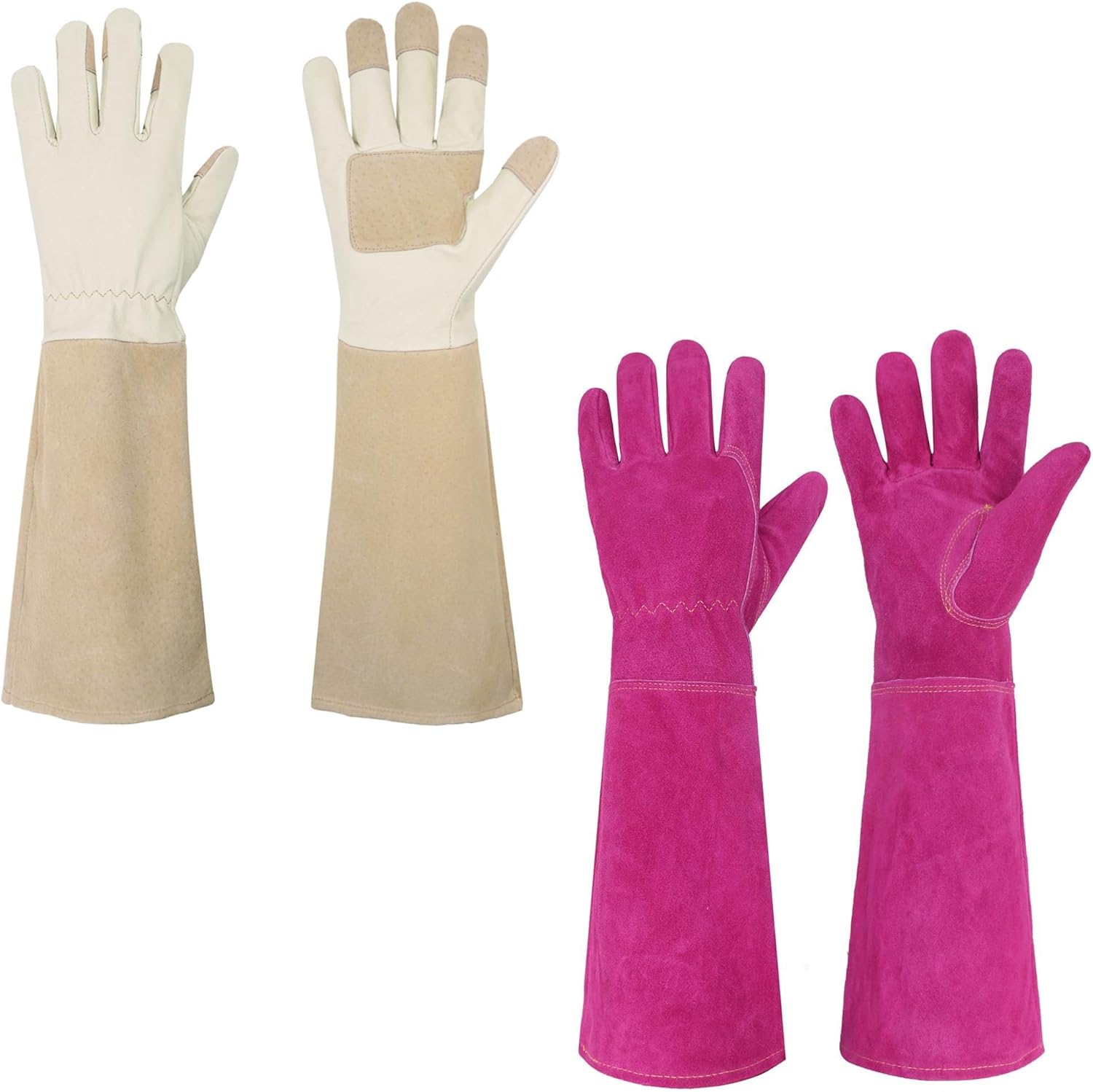 HANDLANDY Bundle - 2 Pairs: Rose Pruning Long Gardening Gloves, Ladies Thorn Proof Gauntlet Cowhide Leather Gloves - Beige, Pink, Large