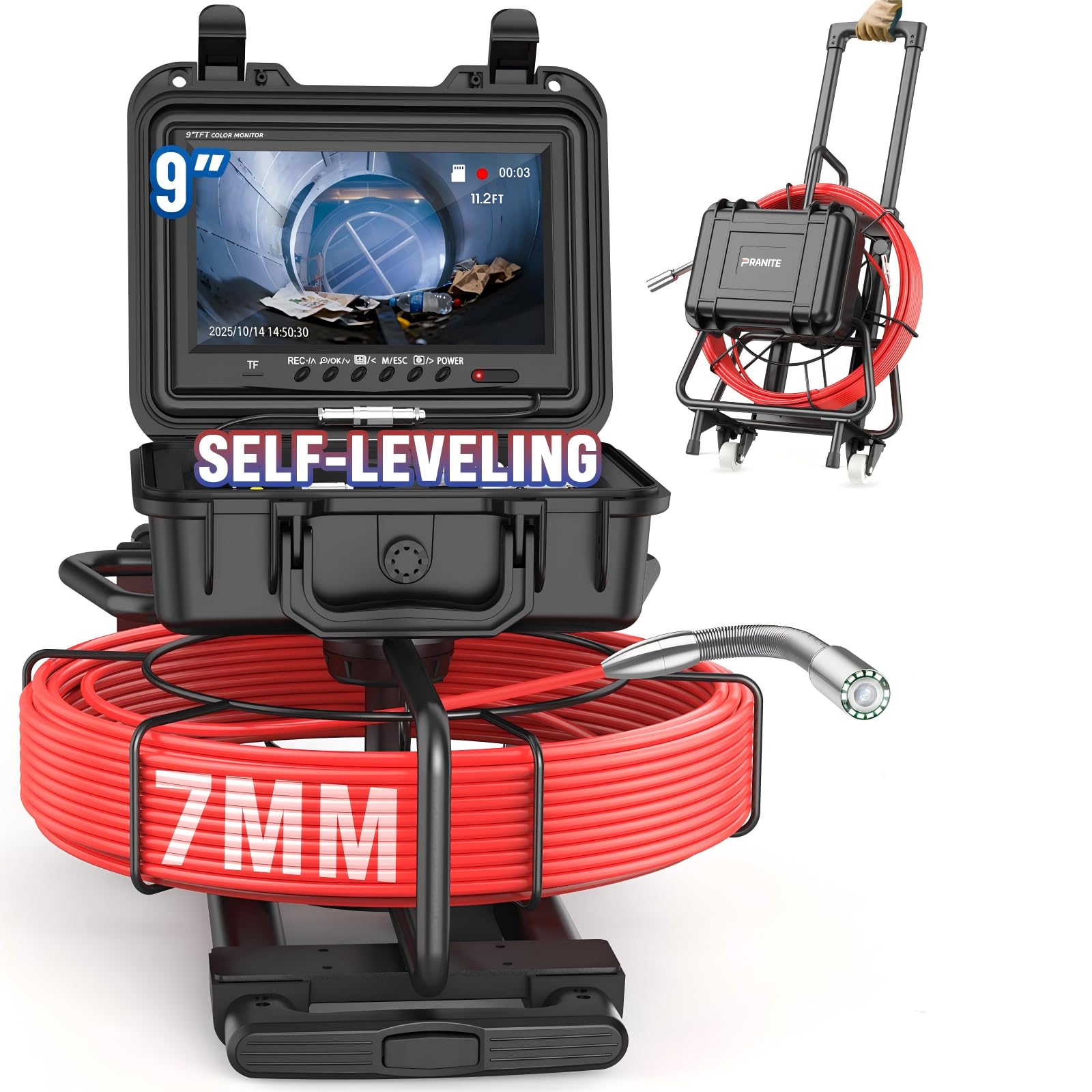 PRANITE Sewer Inspection Camera with Self-Leveling, 512Hz Sonde, IP68 Waterproof Pipe Camera, 9" HD Screen, 100FT Cable with Distance Counter, 32GB