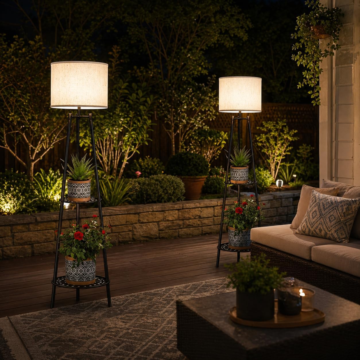 VISFLAIR 2 Pack Solar Lights with 2-Tier Plant Stand, Outdoor Floor Lamps, Waterproof Solar LED Edison Bulb Floor Lamps for Patio Porch Deck Yard Garden Decor