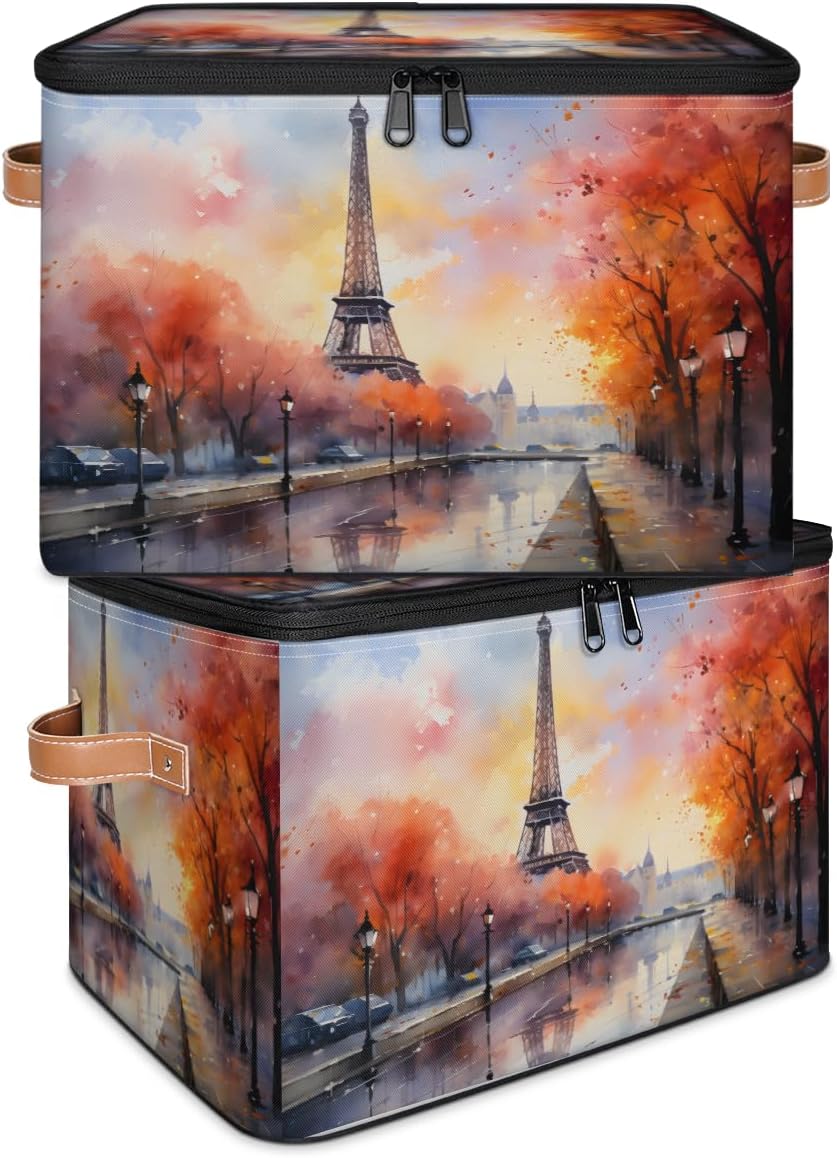 Storage Bin Set of 2 Romantic City Storage Basket with Zipper Lid & Handle Foldable Closet Shelf 2 Pack Cloth Organizer Basket Cube Bins Clothes Organizer for Bedroom, Nursery