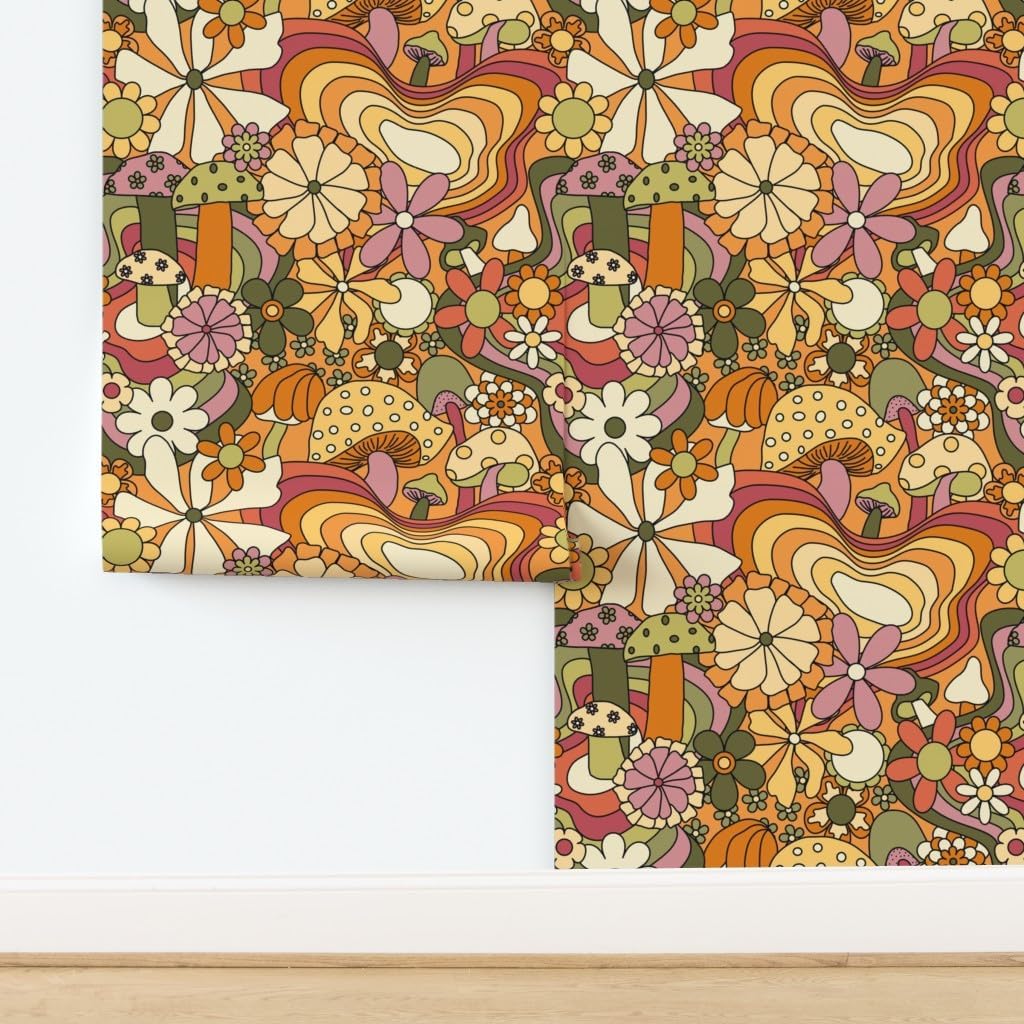 Spoonflower Peel & Stick Wallpaper 3ft x 2ft - Groovy Mushroom Garden Custom Removable Wallpaper