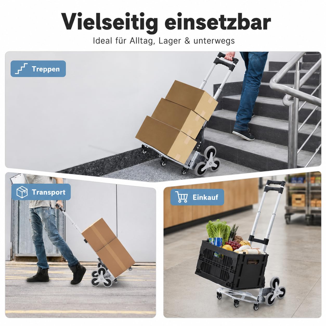 Aluminiowy wózek transportowy, składany, udźwig 35-70 kg, potrójna regulacja wysokości, 6 kół, wózek schodowy z antypoślizgową powierzchnią ładunkową