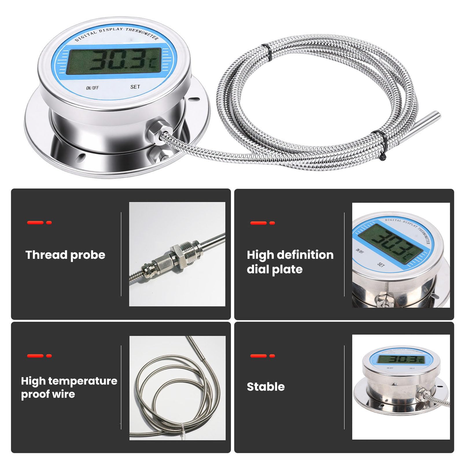Eujgoov Termometro Digitale Ad Alta Precisione da -50 a 200°C, Indicatore di Temperatura in Acciaio Inossidabile con Sonda Filettata e Cavo da 1 Metro, per Tubi di Caldaia per Cottura