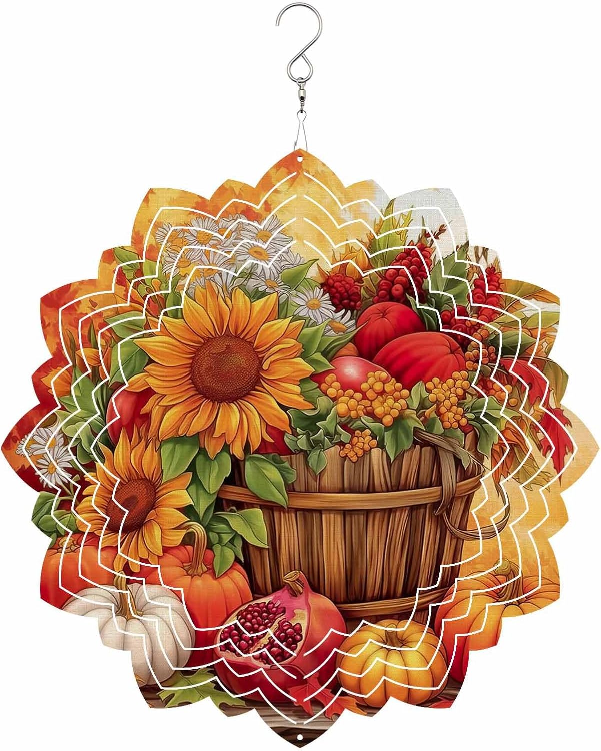 Fall Orange Wind Spinner for Yard and Garden, Thanksgiving Maple Sunflowers Pumpkin Hanging Wind Spinner Outdoor 3D Kinetic Wind Sculpture Spinners Indoor Outdoor Patio Décor Ornaments Gift 12 in