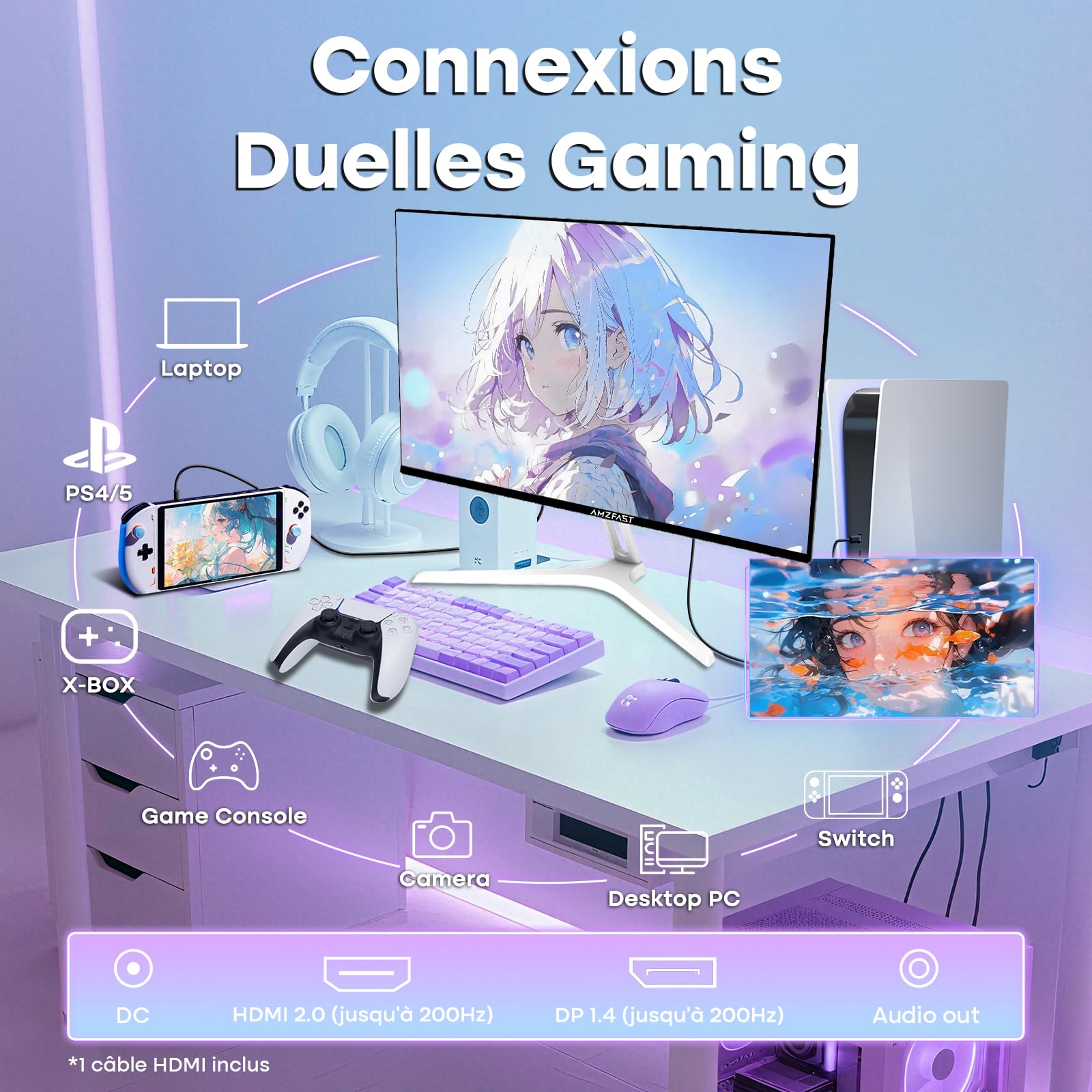 Ecran PC Gamer 24 Pouces 200Hz FHD Fast IPS 1ms MPRT HDR Adaptive Sync VESA 75x75 HDMI 2.0 DP 1.4 Blanc AMZG24X1W