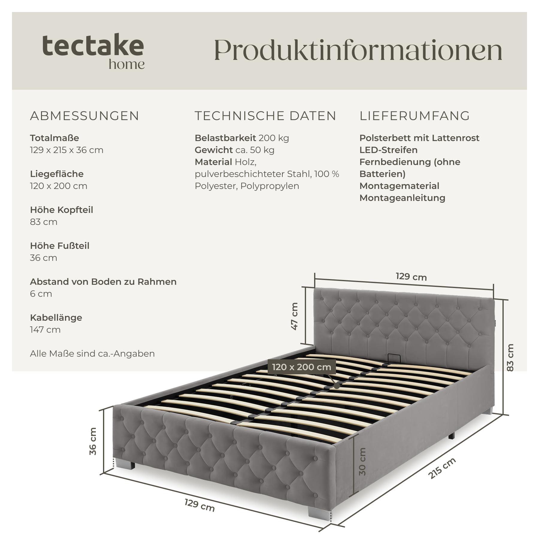 tectake® Polsterbett, 120x200cm, mit LED-Beleuchtung, 200kg Belastbarkeit, Stauraum, Gasdruckfeder, Chesterfield Samtbezug, Bettgestell, Lattenrost, Schlafzimmermöbel, Bettkasten - dunkelgrau