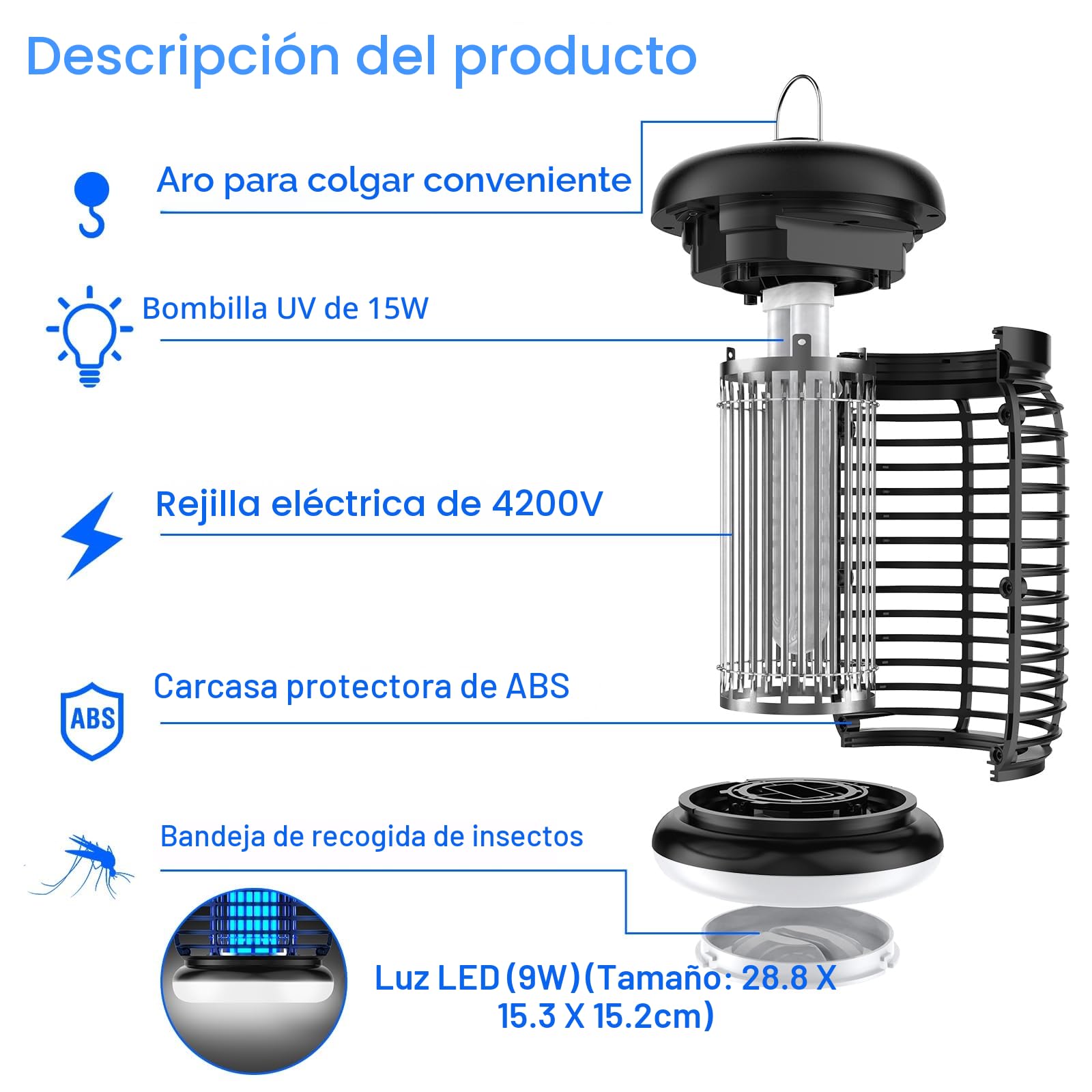 Lámpara antimosquitos con iluminación LED, Cable de 3M, 4200V 15W UV Mata Mosquitos electrico, No tóxico e Inodoro, Resistente IPX4, Atrapa eficazmente Mosquitos, Moscas y Polilla