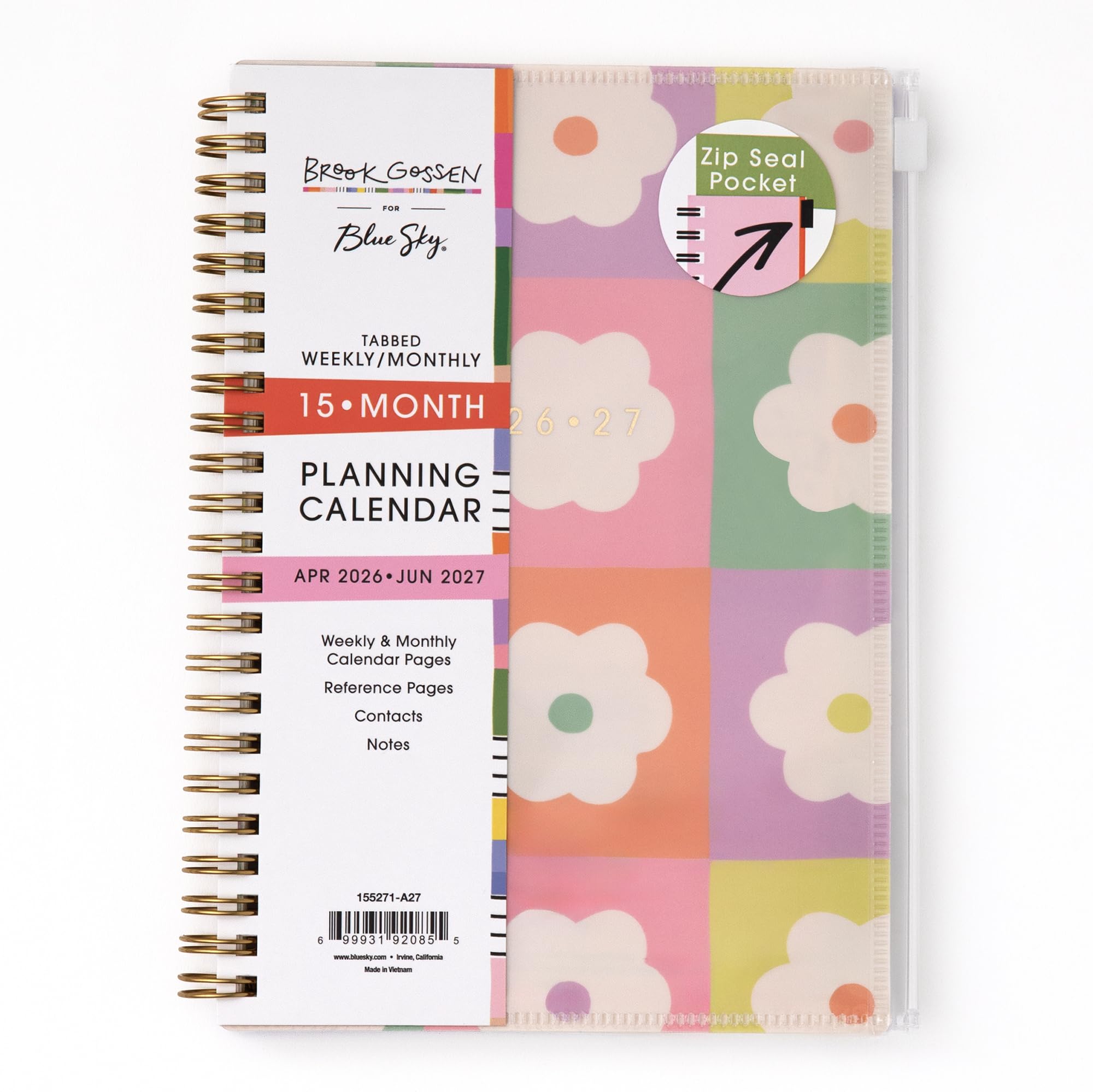 Blue Sky Brook Gossen 15 Month Academic Year Weekly & Monthly Planner 2026-2027, April 2026 to June 2027, 5" x 8", Flexible Cover with Zip Pouch, Wirebound
