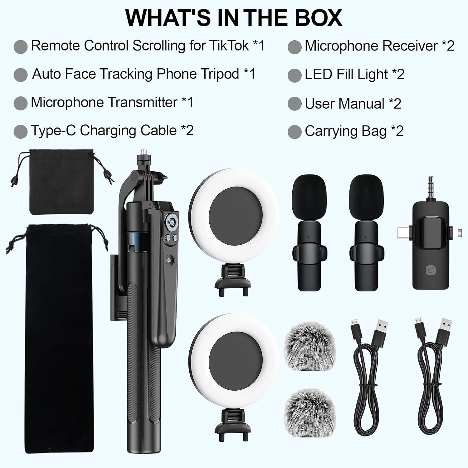 Tripod for iPhone with Light and Remote, Wireless Microphones, 71" Auto Face Tracking Phone Stand for Video Recording, Content Creator Essentials Vlogging Kit for YouTube, TikTok, Live Streaming