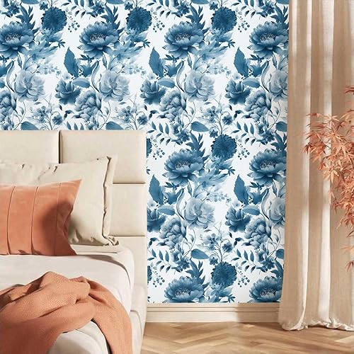 Miniatura 5 de Papel tapiz autoadhesivo con diseño floral de peonía azul y blanco, tamaño grande, de 18 x 236 pulgadas, para despegar y pegar, papel de contacto