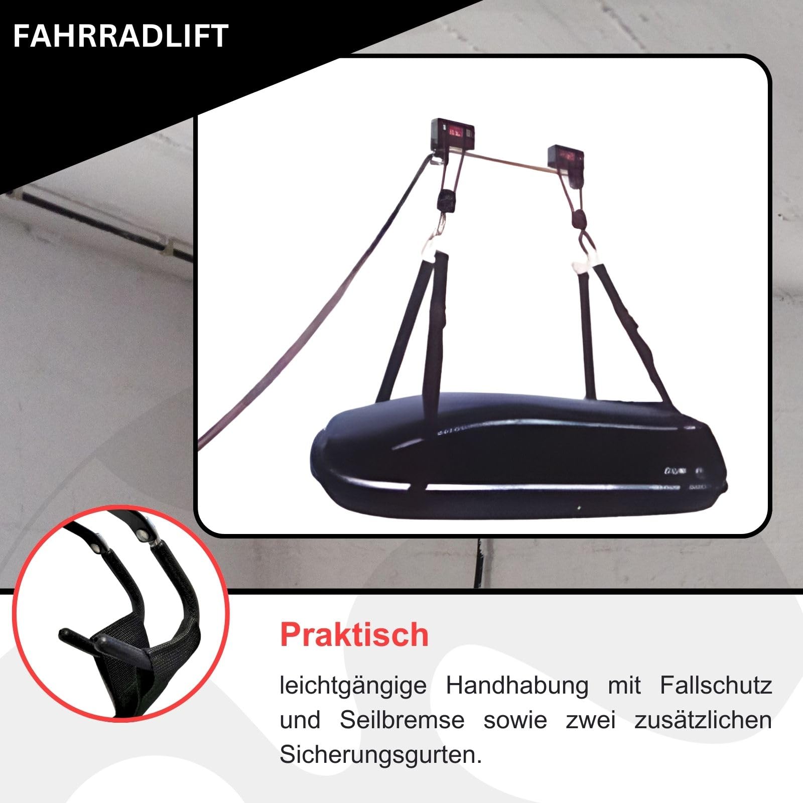Fahrradlift Plus Support de plafond pour vélo électrique – Idéal pour les coffres de toit, kayaks – Ascenseur de vélo jusqu'à 57 kg – Efficace et sûr pour plus d'ordre dans le garage ou la cave
