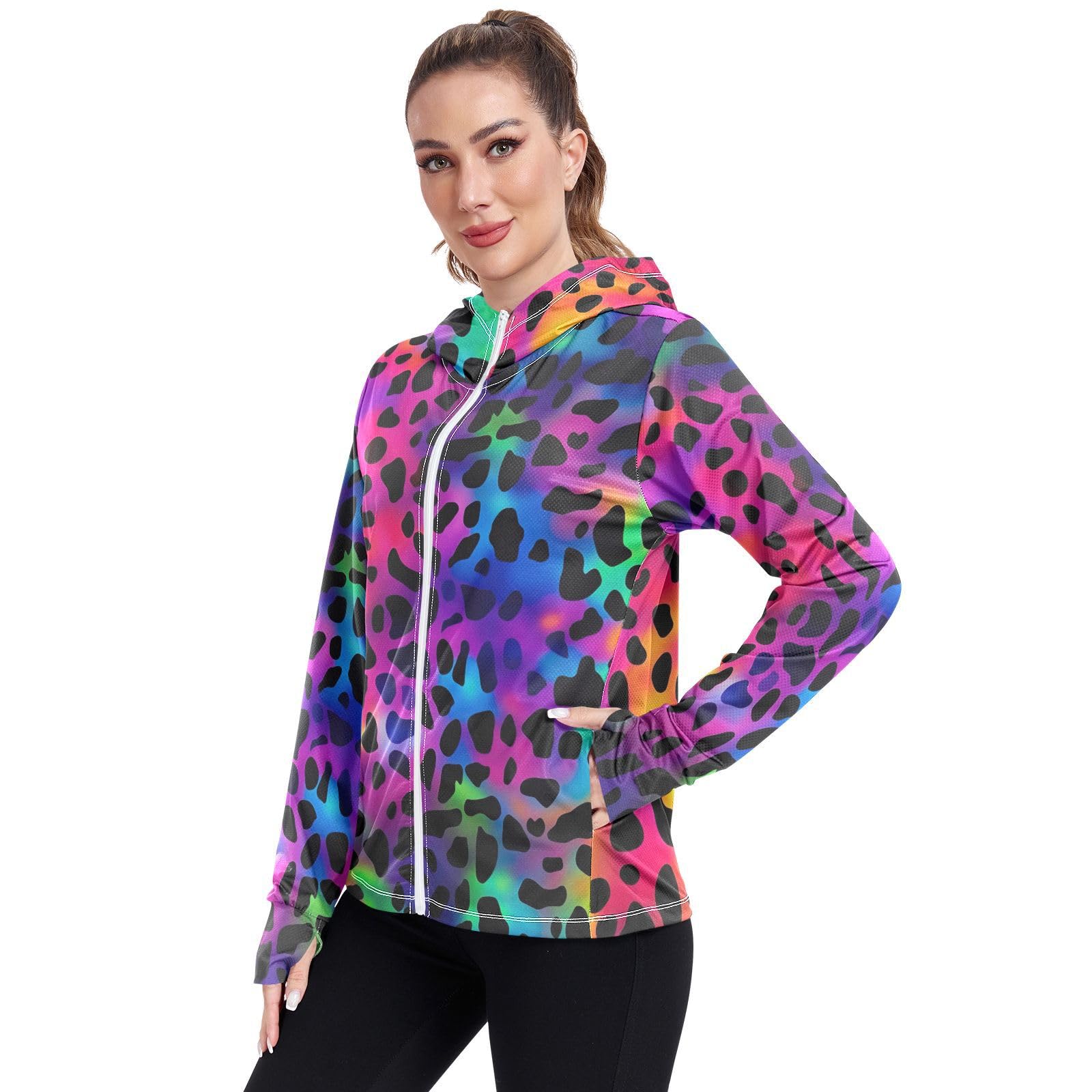 UMIRIKO Colorful Leopard Print Pattern Women's UPF 50+ Sun Protection Jacket Hoodie Rash Guard Shirt with Pockets M 202a3493