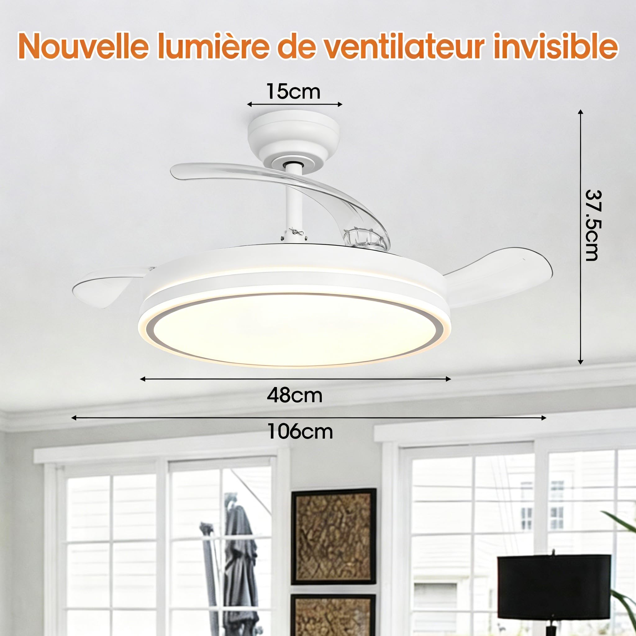 Parrot Uncle Ventilateur de plafond avec Lumiere Silencieux et pales Rétractables, 106 cm 3 pales, 36W, Moteur DC, mode été et hiver, 6 vitesses, télécommande, Blanc-Cercle