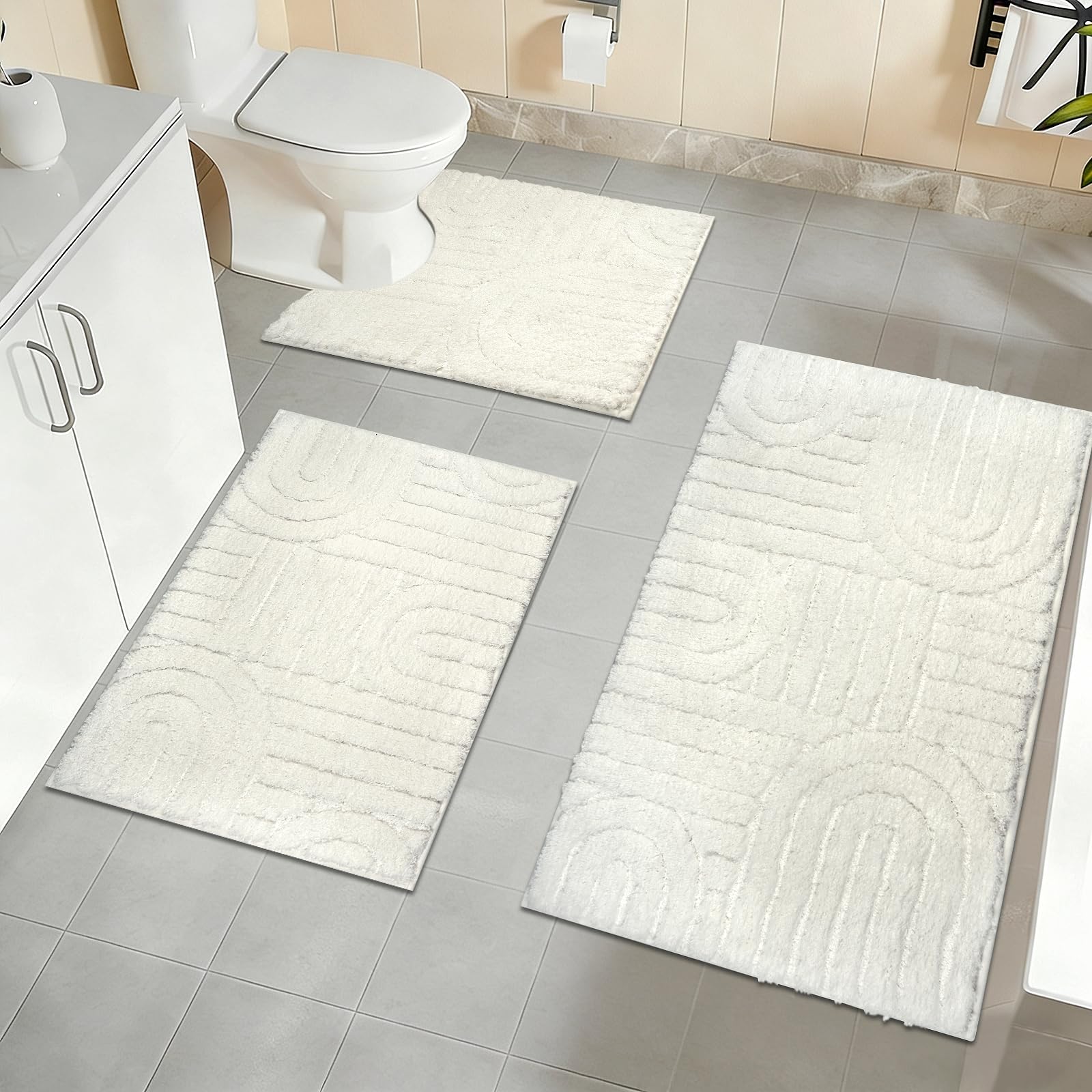 Homcomodar Badezimmerteppich Set 3 Weicher Mikrofaser Badematte rutschfest Badteppich Waschbar Badematte Wasserabsorbierend und U-Form Bad Toilette für Dusche, WC & Badewanne (White)