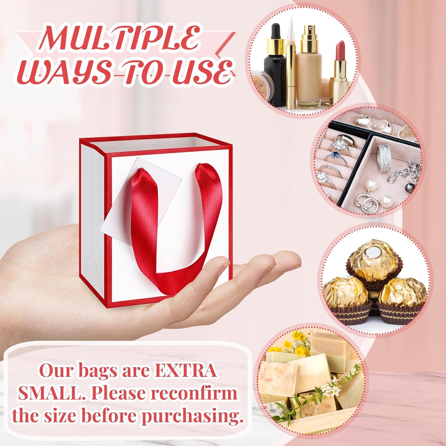 Yeaqee 50 Pcs Mini Metallic Paper Gift Bags with Handles 4x2.75x4.5'' Tiny Small Gift Bags with Thank You Tag for Wedding Graduation Birthday Party Return Gifts Jewelry Business (White,Deep Red) - Image 3