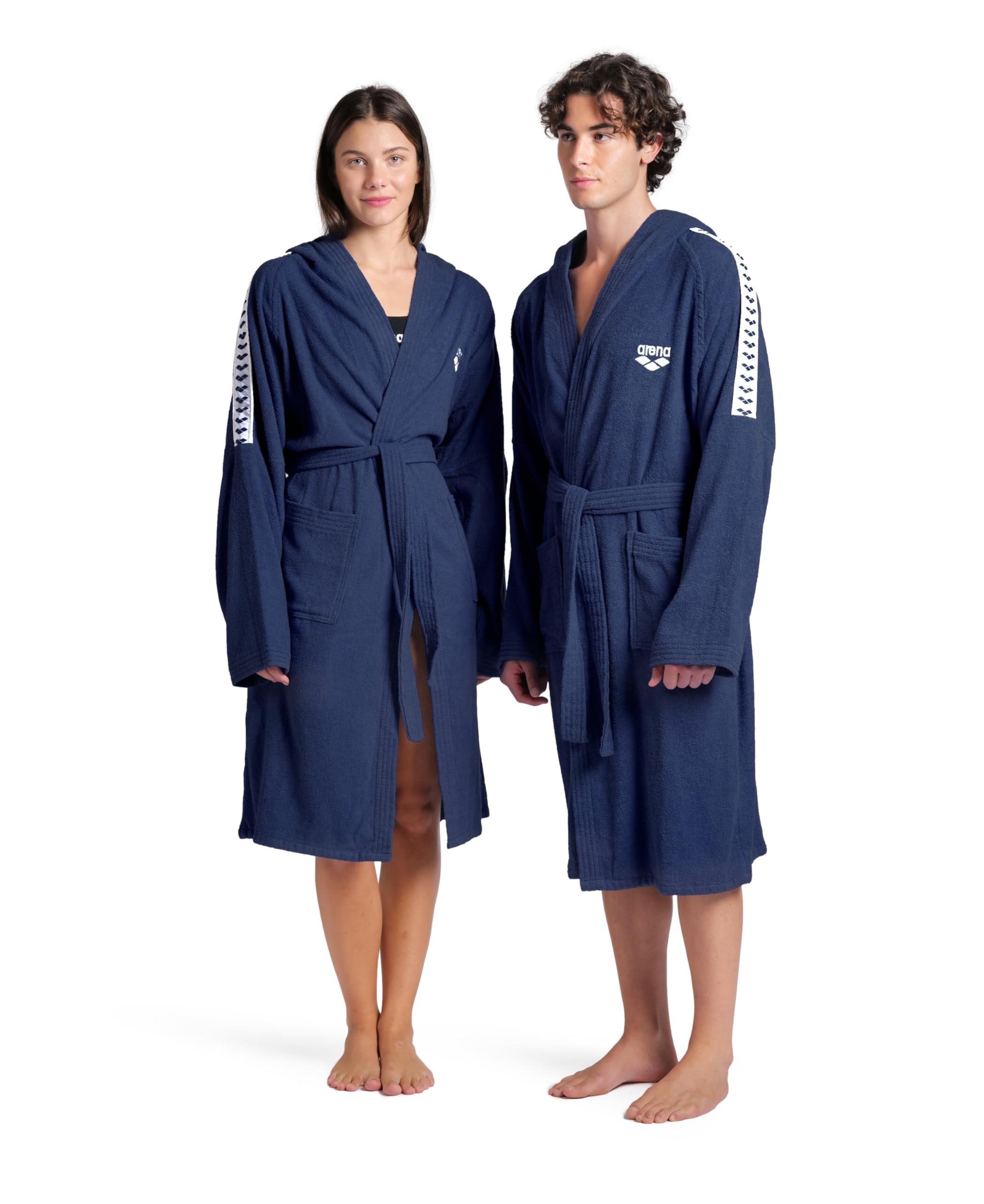 Photo 1 of ARENA Team Stripe Unisex Bathrobe with Tie Belt and Pockets Soft Warm Robe for Pool Sauna Spa or Post Workout Comfort, Navy/White, Size X-Large