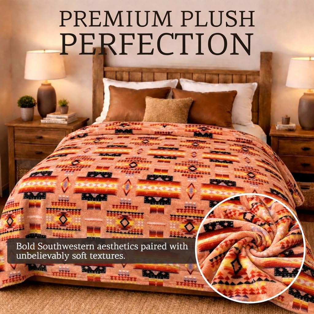 Sacred Thread Aztec Blanket Fleece, Reversible Native American Blanket, Western Throw, Native American Western (Peach Flannel), Queen (79”x95”) - Image 5