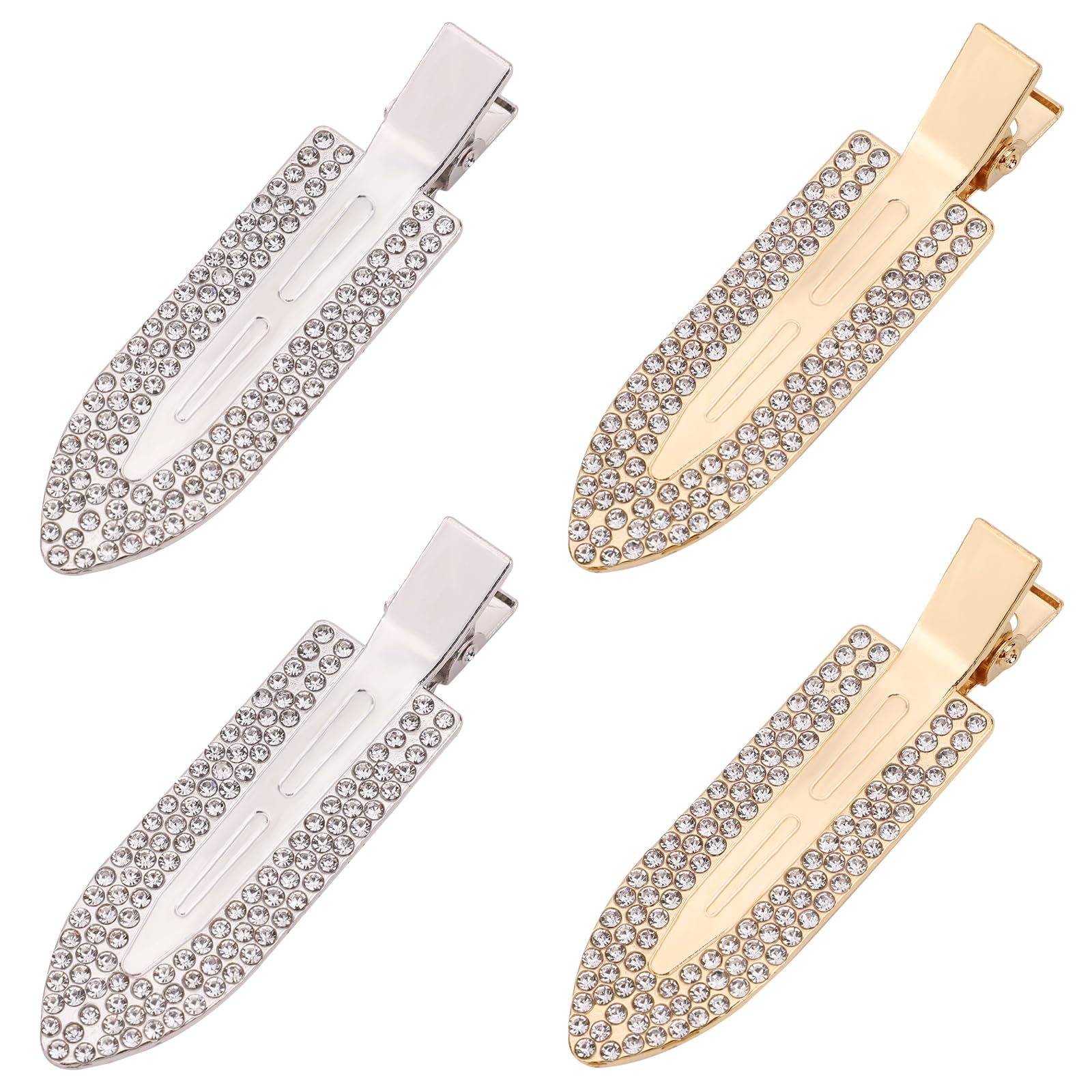Jollybows 4 Pinzas para el Pelo sin Doblar Clips de Pedrería, Herramienta de Clips de Peinado para Mujeres Niñas, Plata Oro