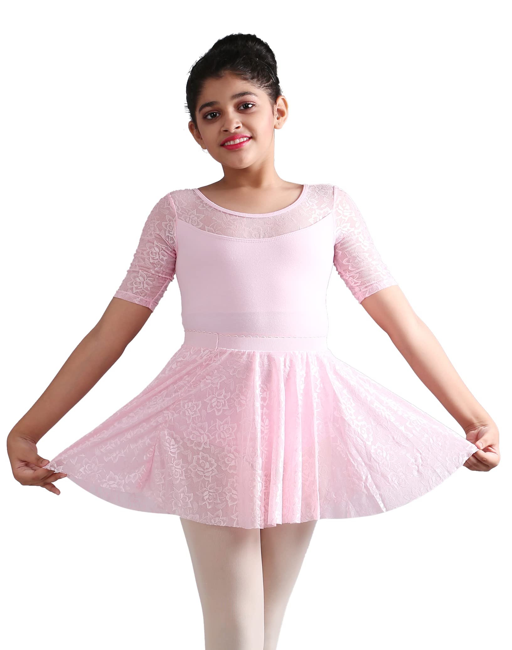 The Dance Bible Girls Stylish Half Sleeve Lace Ballet Dance Leotard with Skirt-image-48